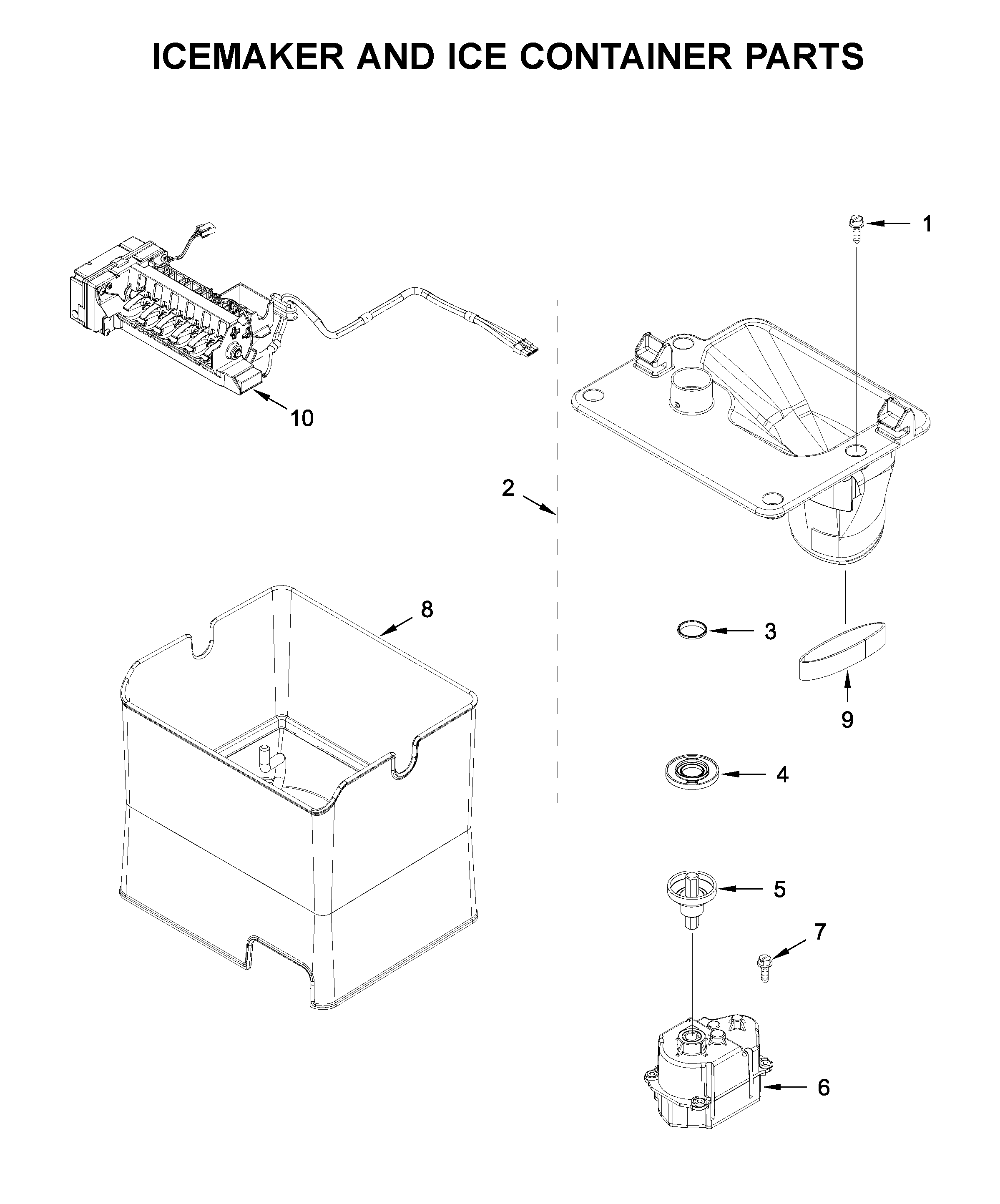 KitchenAid KRFF507HBS02 icemaker and ice container parts diagram