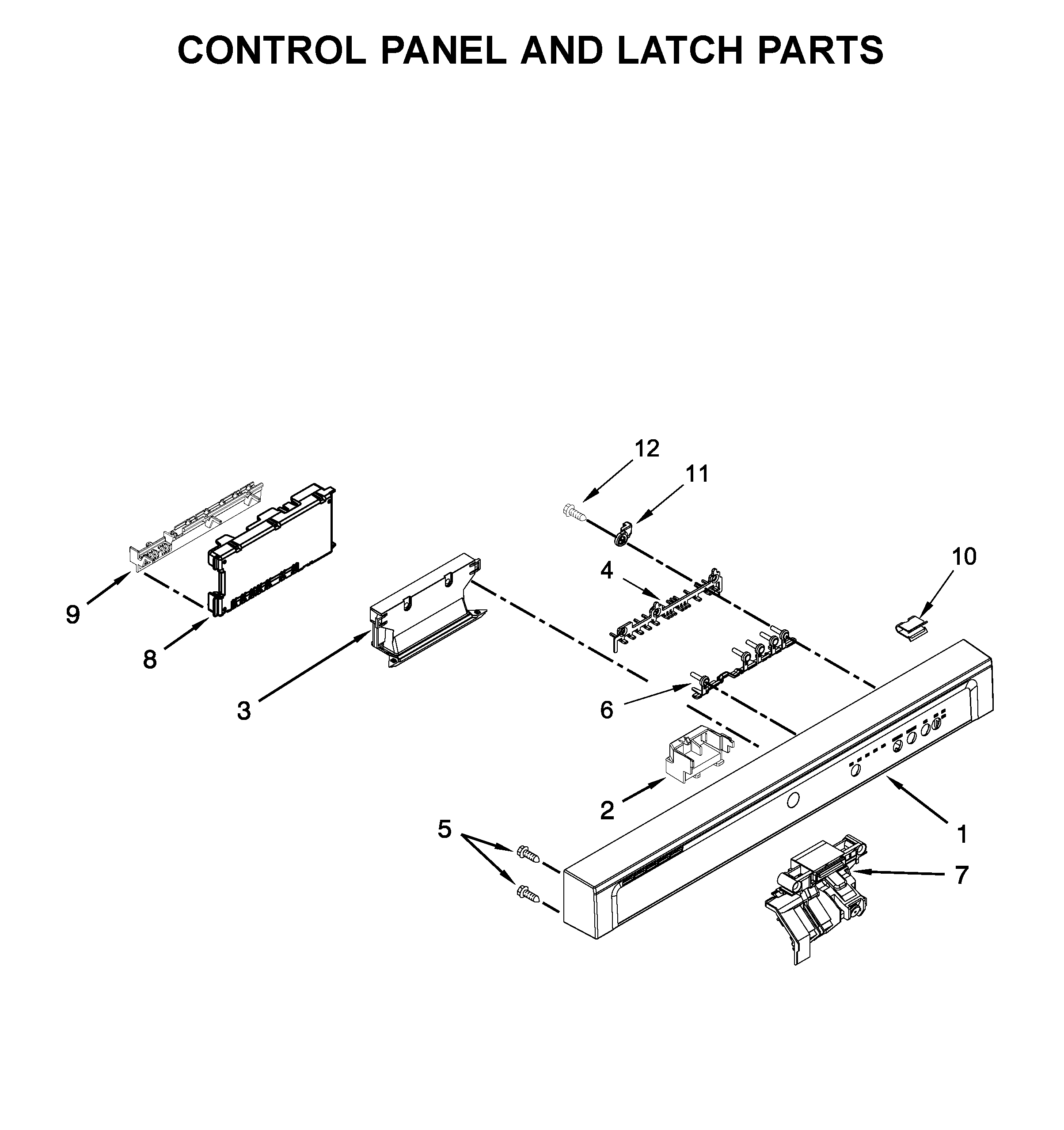 Whirlpool WDF520PADW9 control panel and latch parts diagram