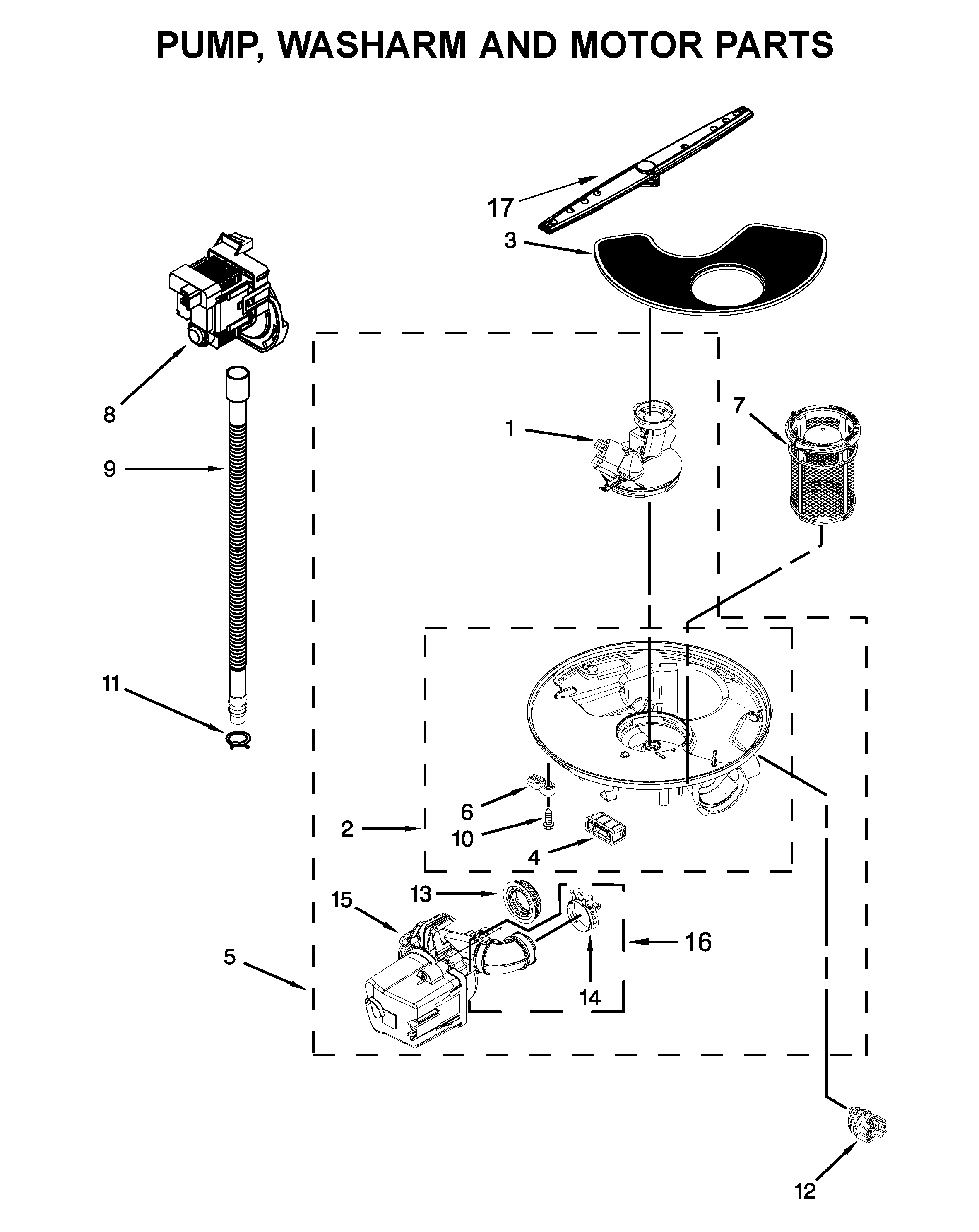 Whirlpool WDF520PADW9 pump, washarm and motor parts diagram