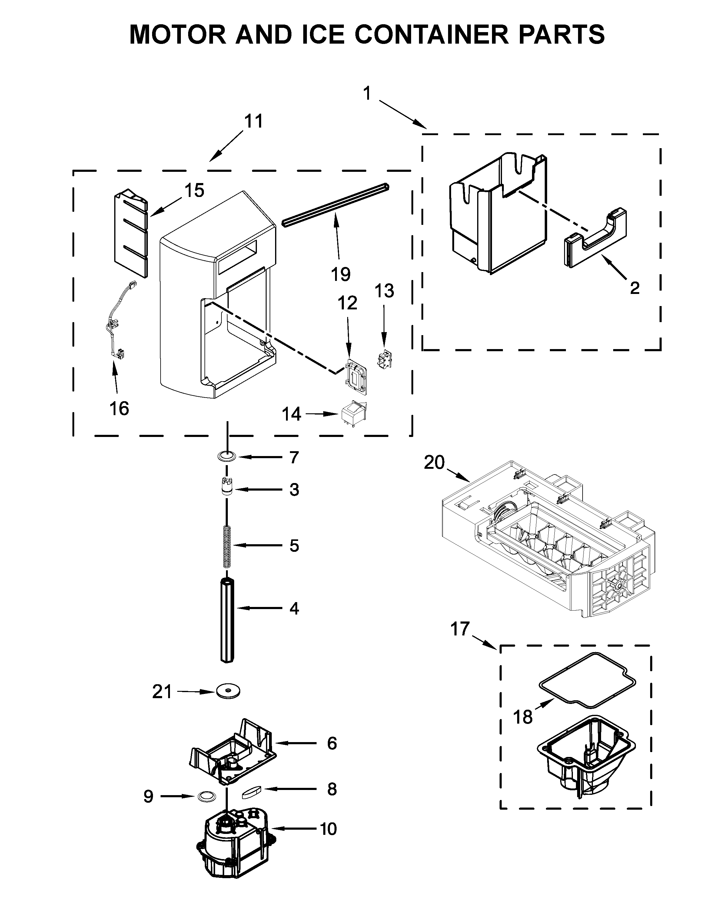 Maytag MSS25C4MGW00 motor and ice container parts diagram