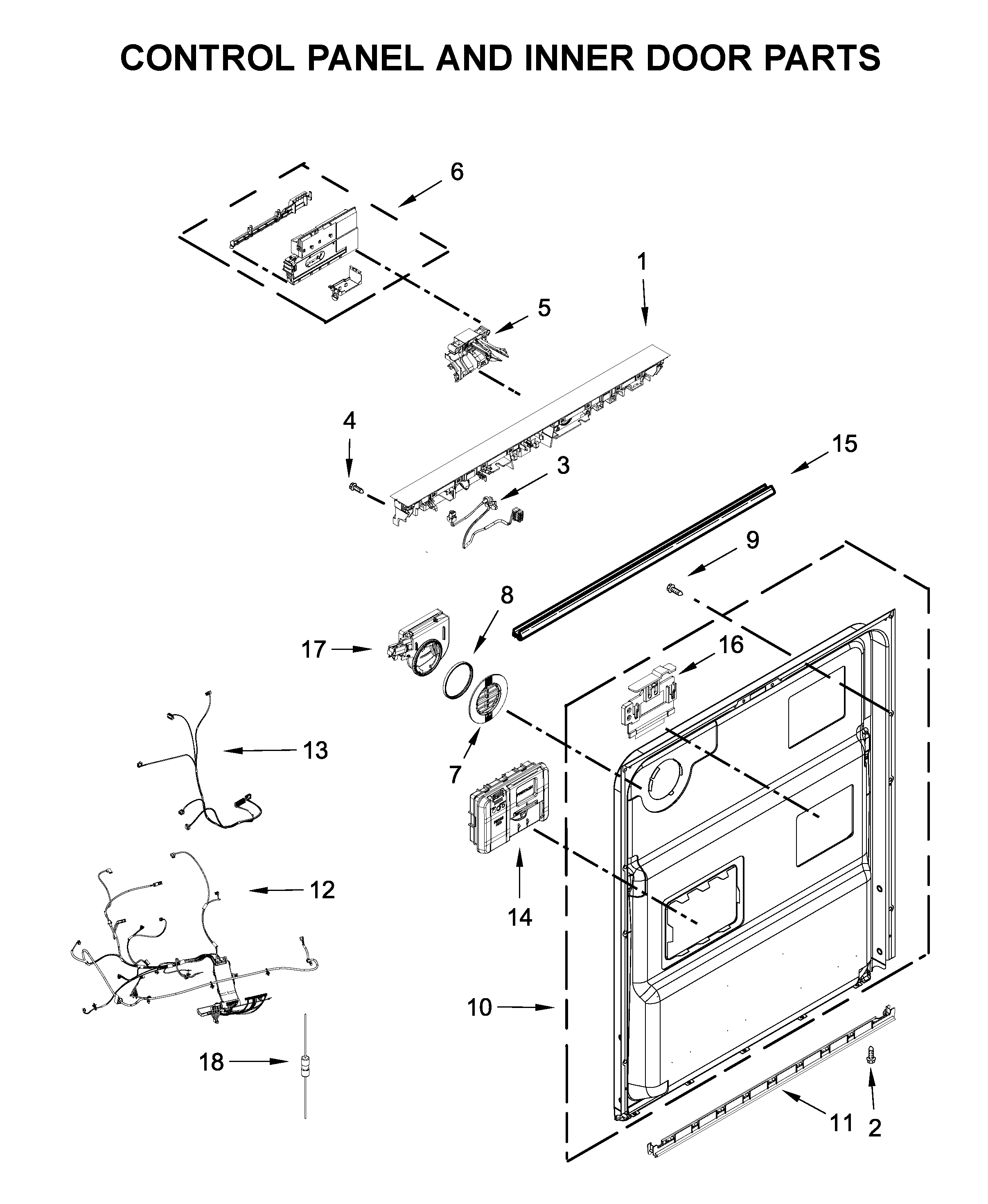 KitchenAid KDTM404KPS0 control panel and inner door parts diagram