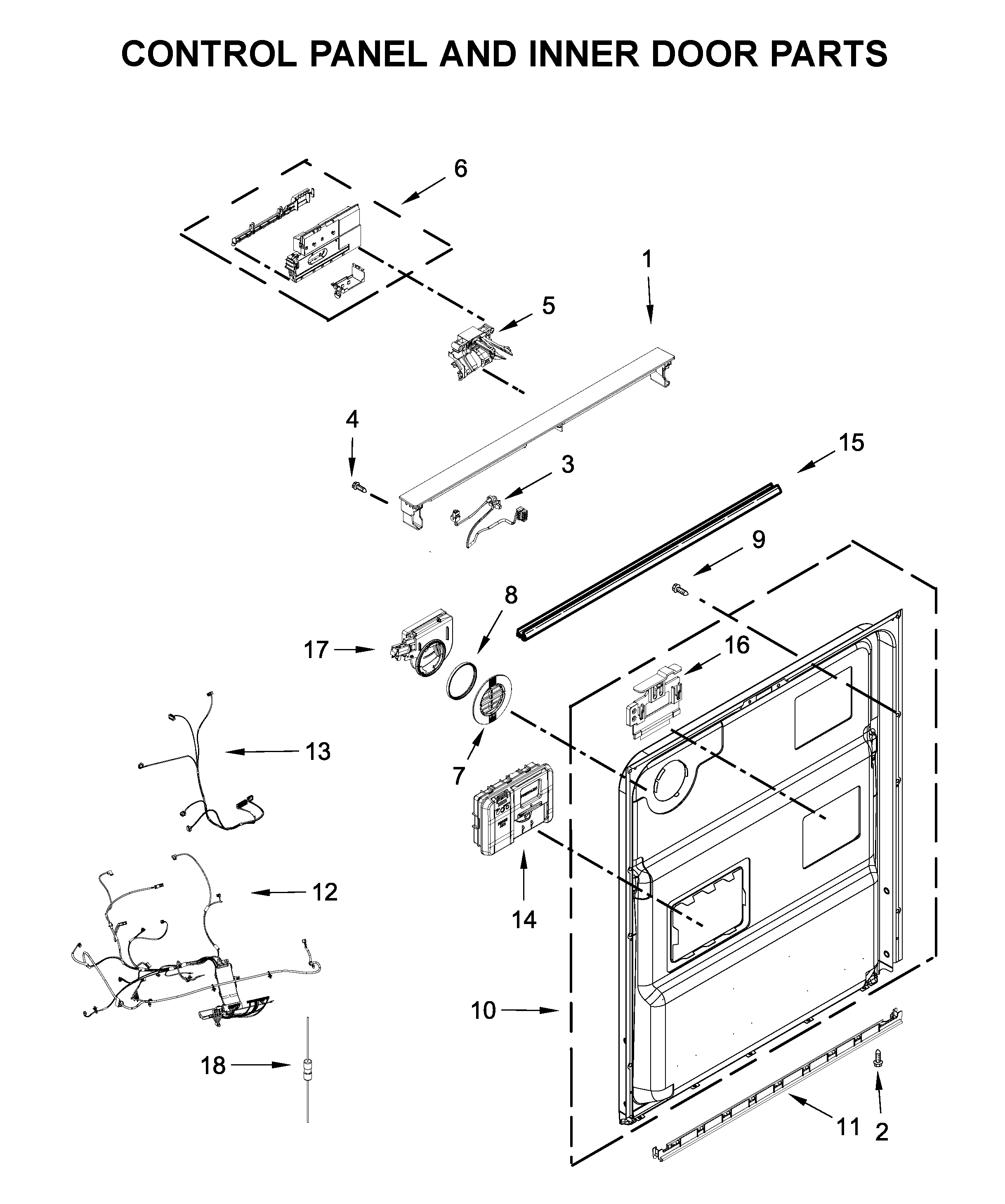 KitchenAid KDFM404KBS0 control panel and inner door parts diagram