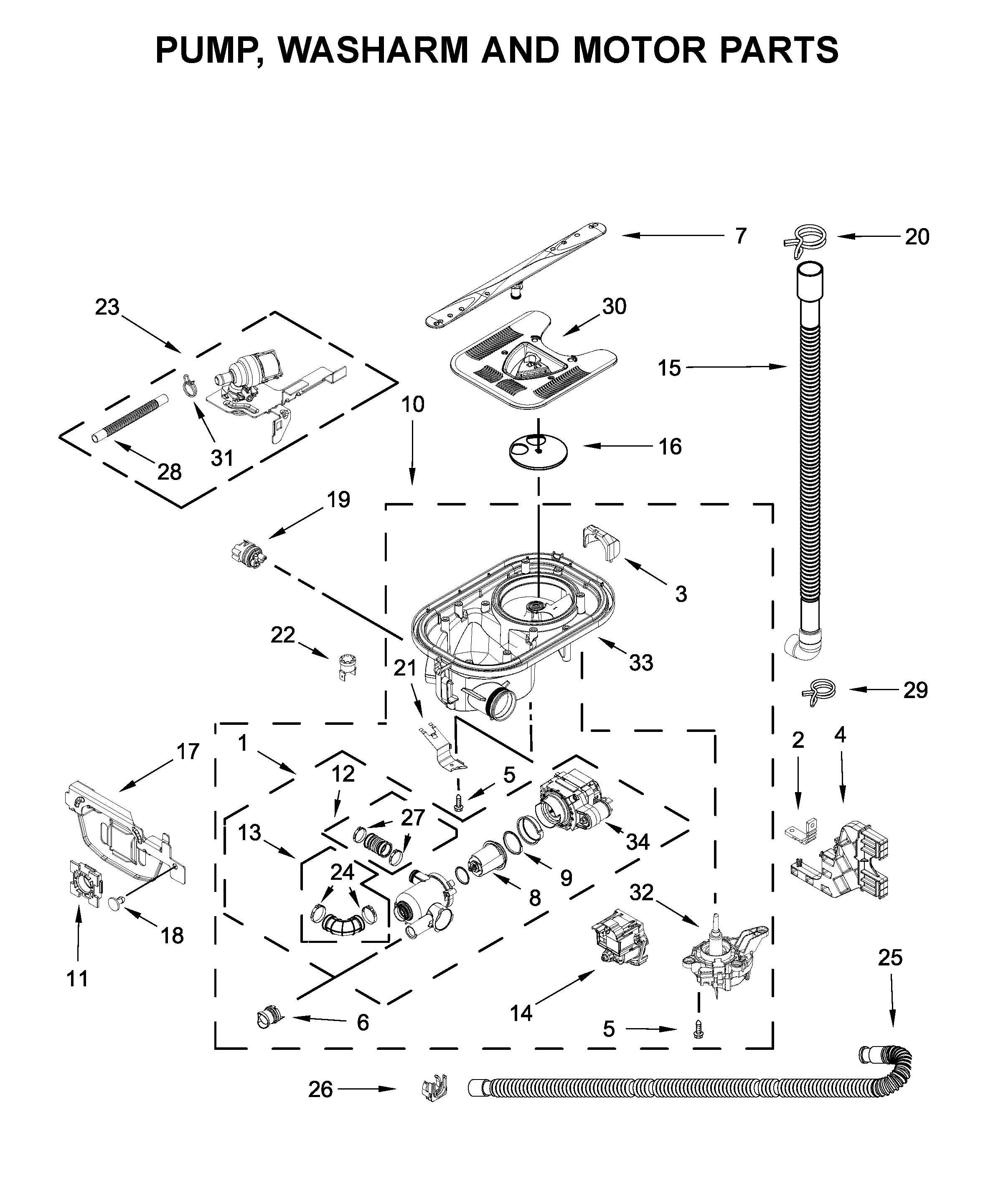 KitchenAid KDFM404KBS0 pump, washarm and motor parts diagram