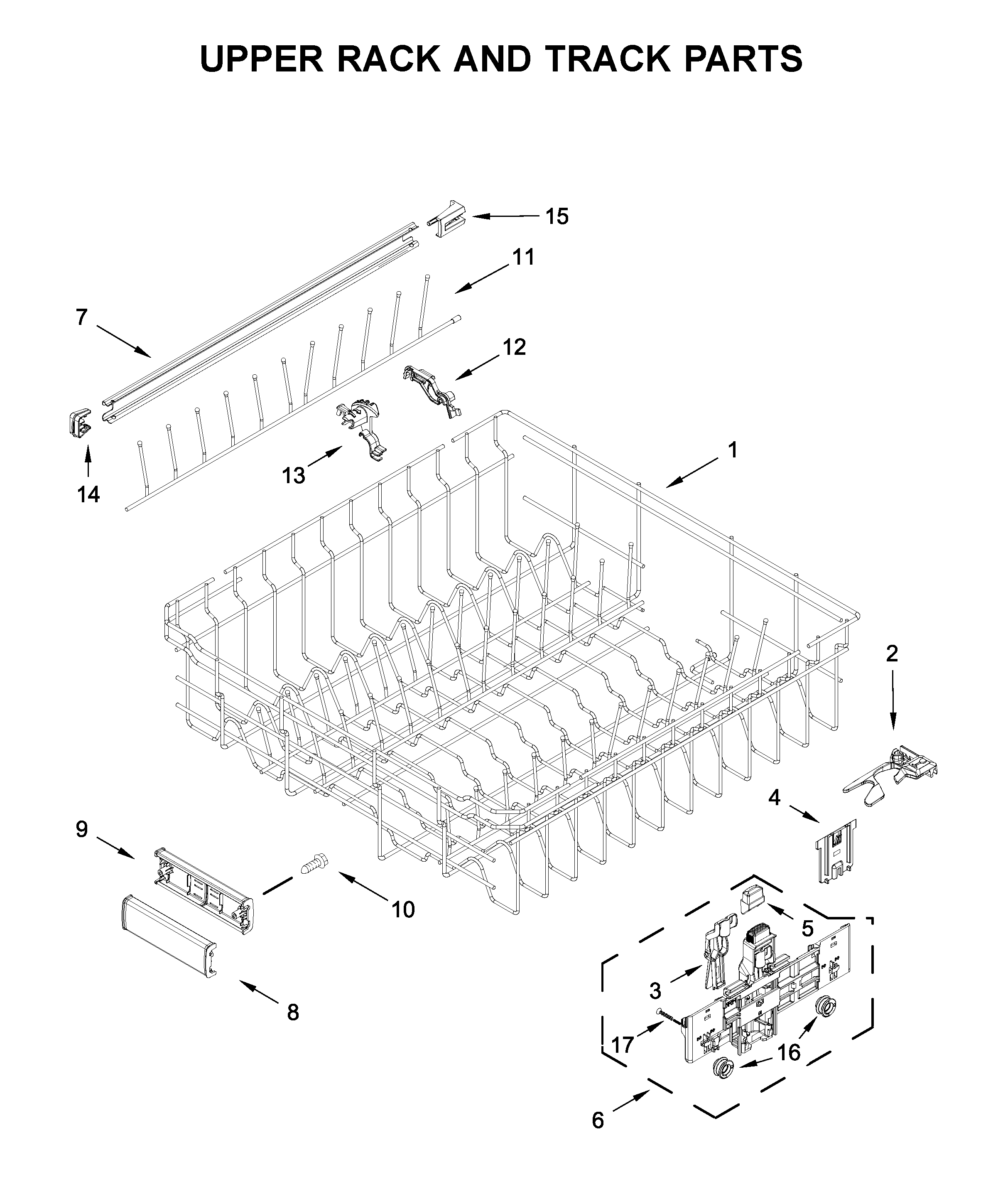KitchenAid KDFM404KBS0 upper rack and track parts diagram