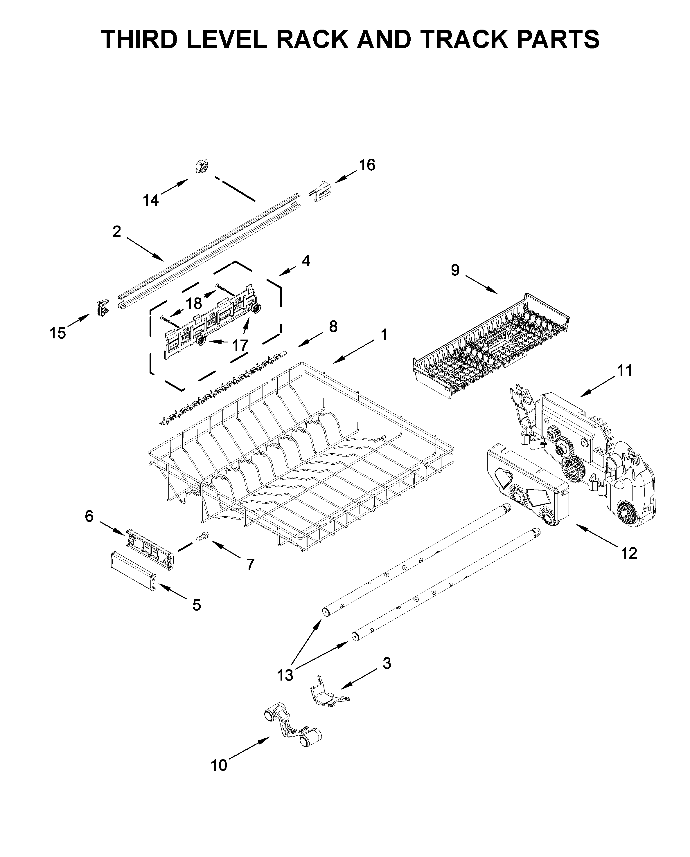 KitchenAid KDFM404KBS0 third level rack and track parts diagram