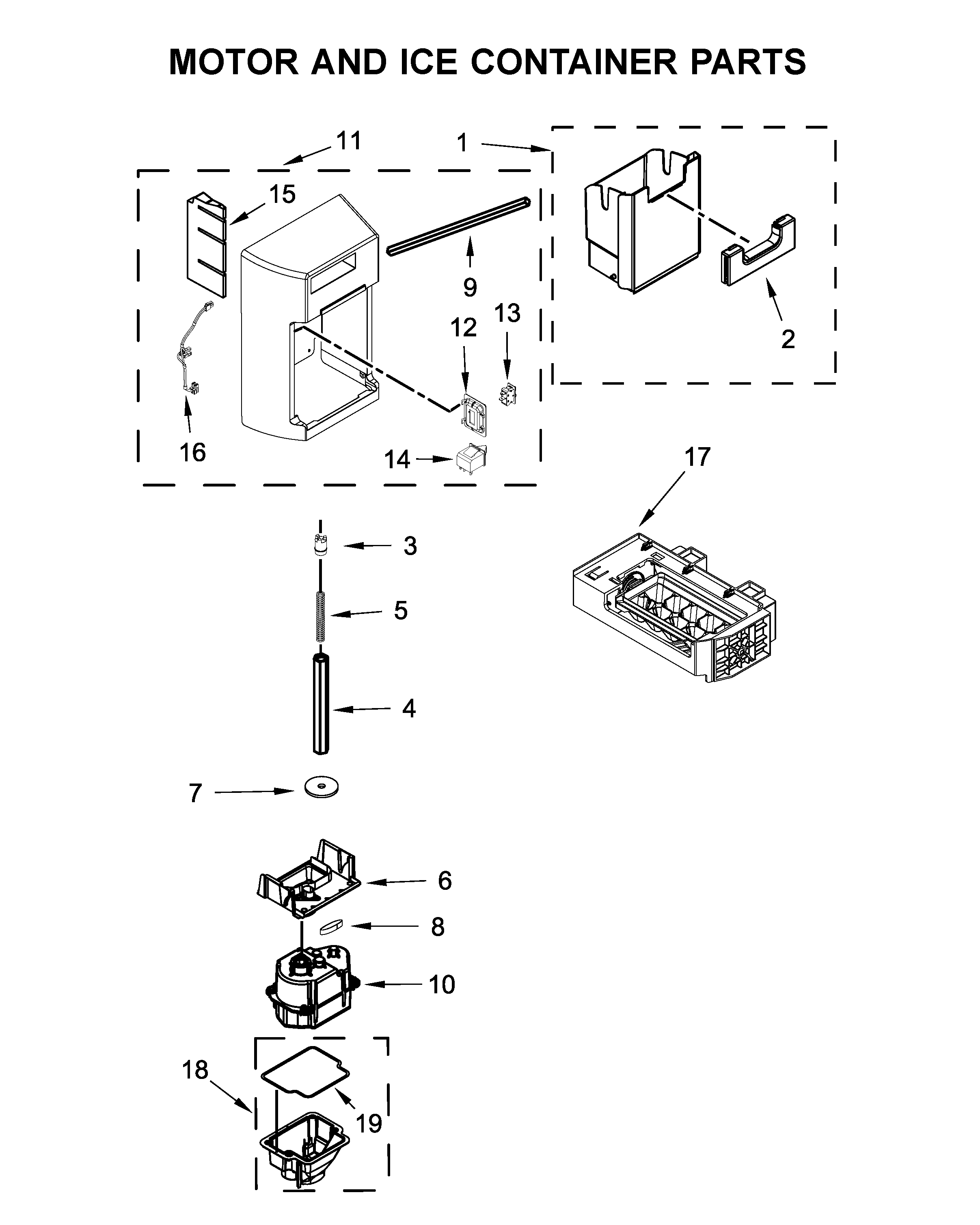 KitchenAid KRSF705HPS01 motor and ice container parts diagram
