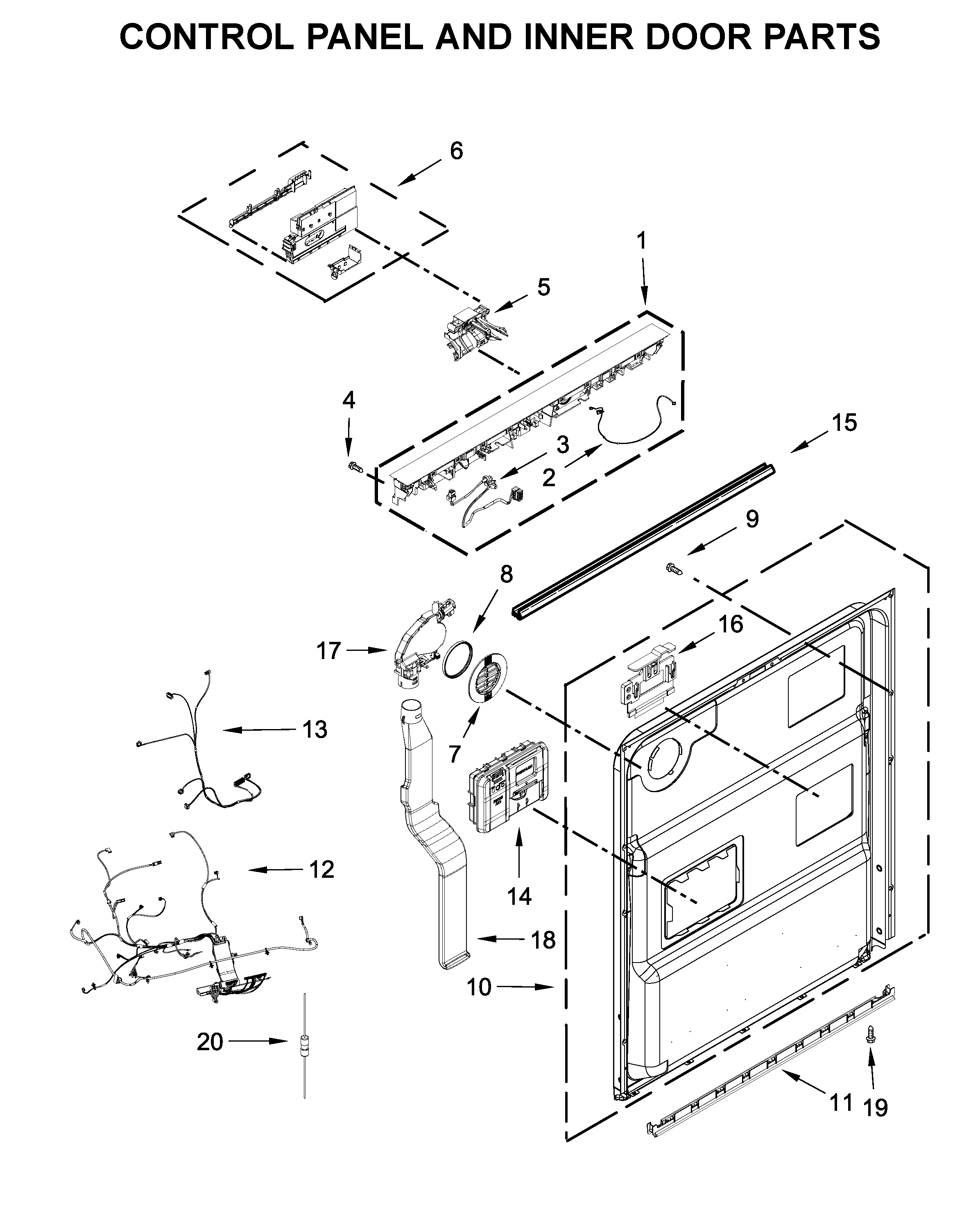 KitchenAid KDPM804KBS0 control panel and inner door parts diagram