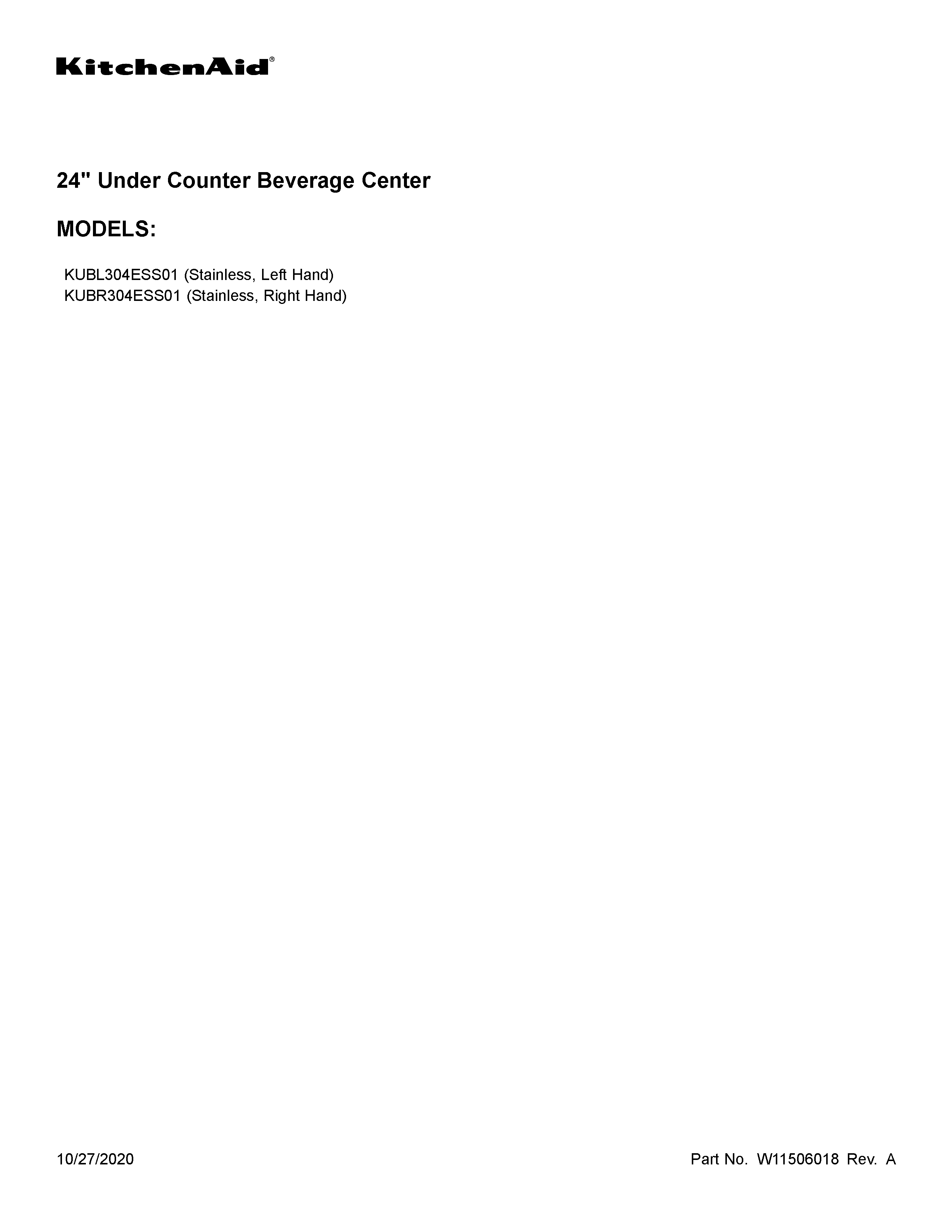 KitchenAid KUBR304ESS01 cover sheet diagram