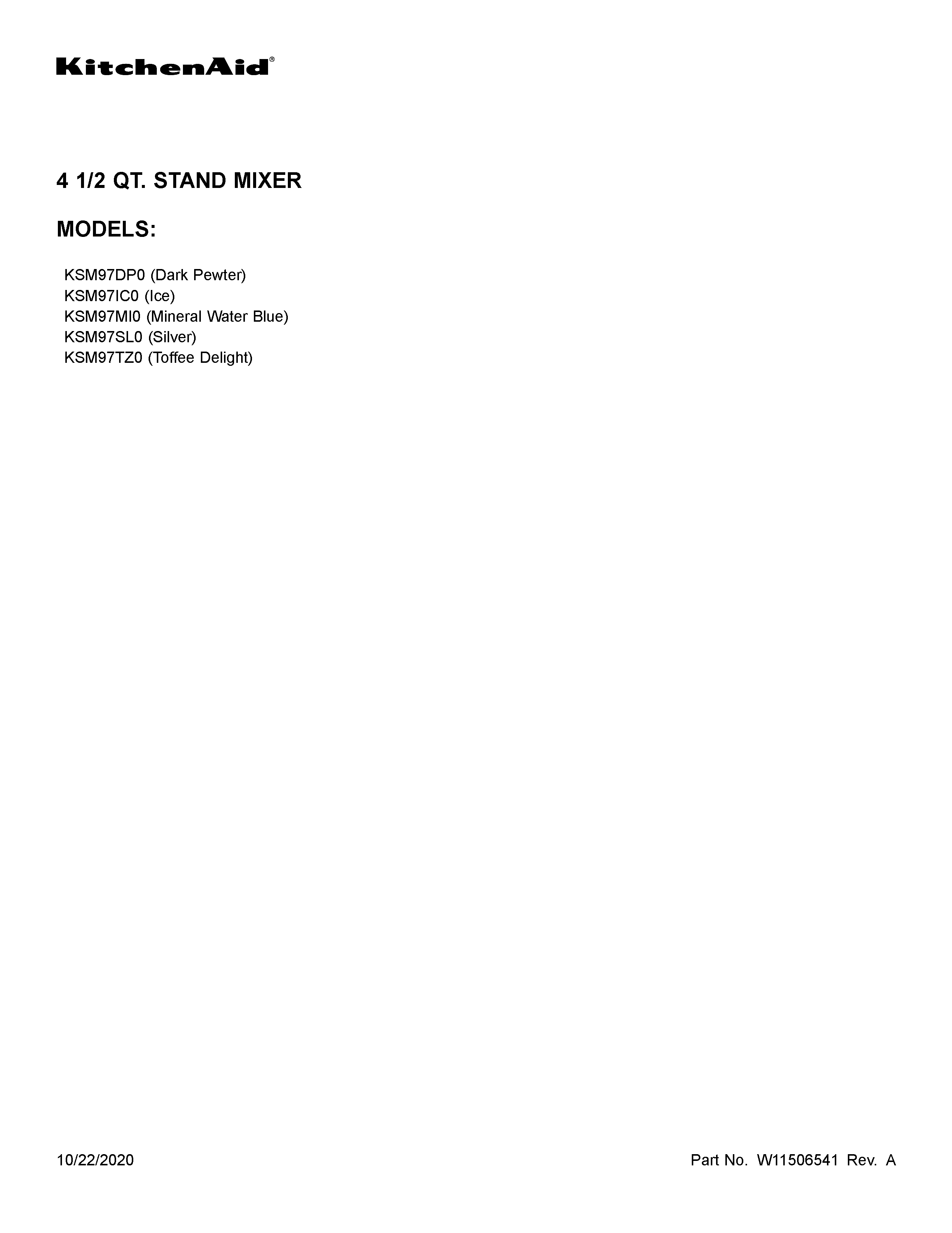 KitchenAid KSM97MI0 cover sheet diagram