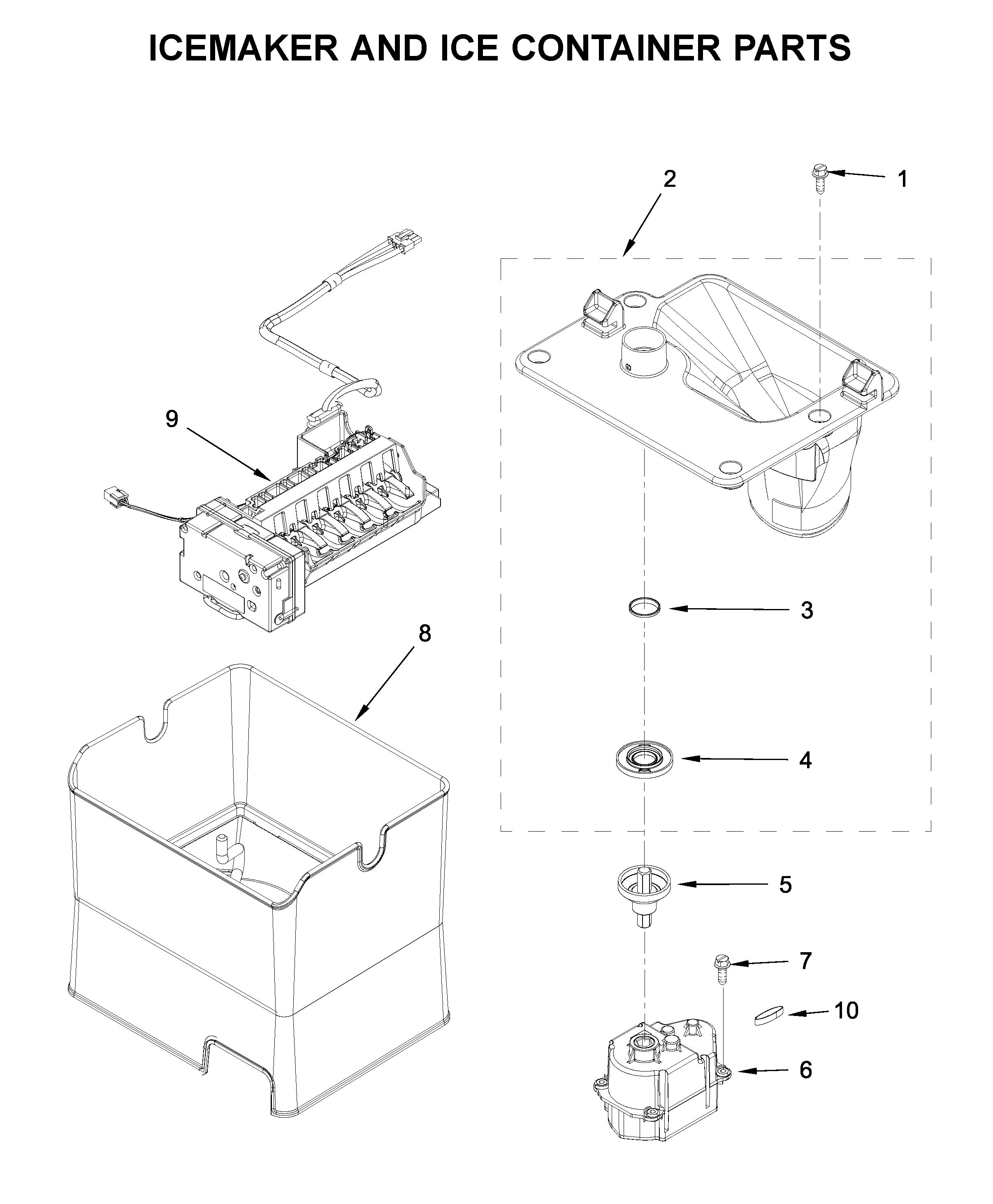 Whirlpool WRF757SDHZ02 icemaker and ice container parts diagram