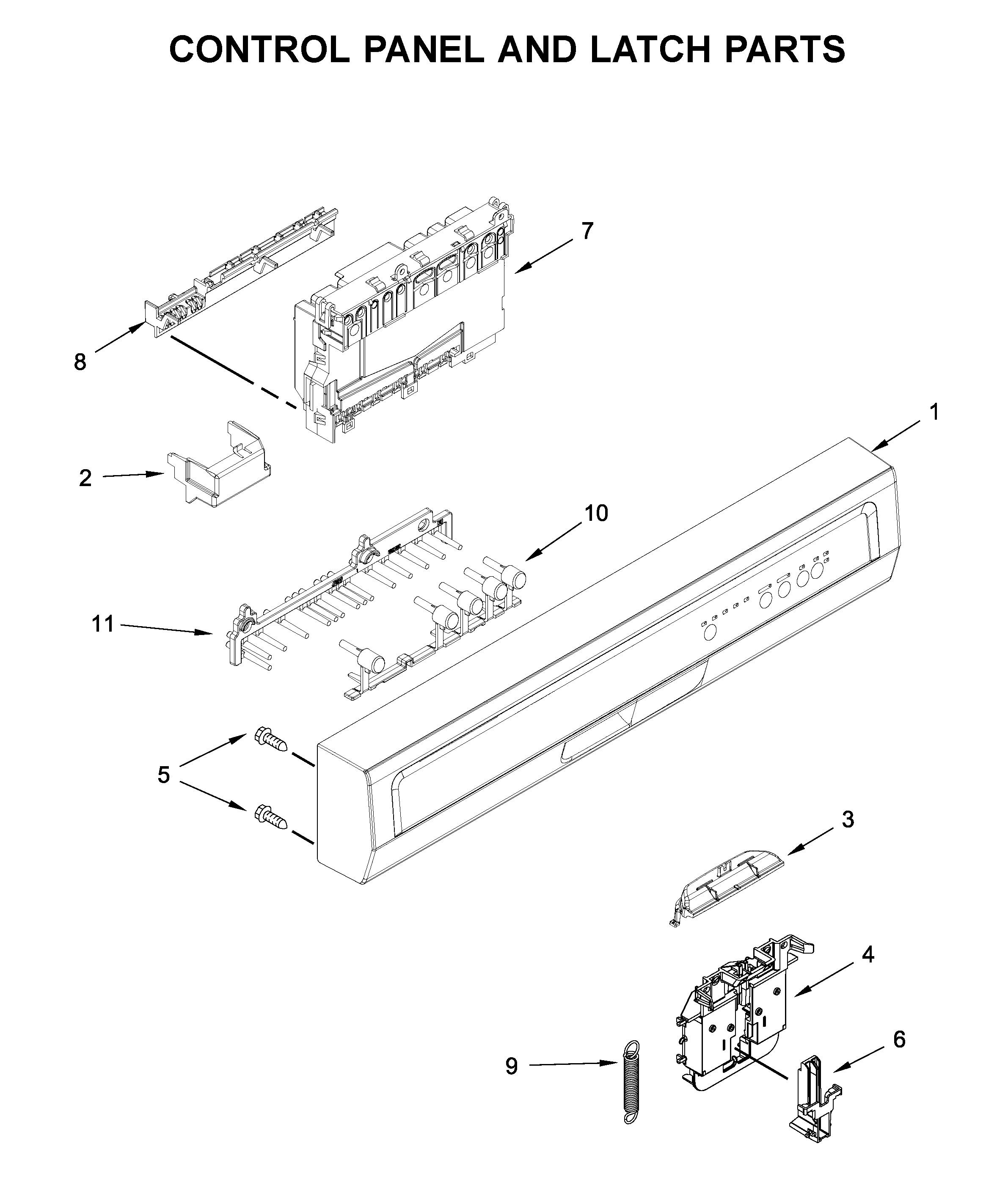 Whirlpool WDF330PAHT3 control panel and latch parts diagram
