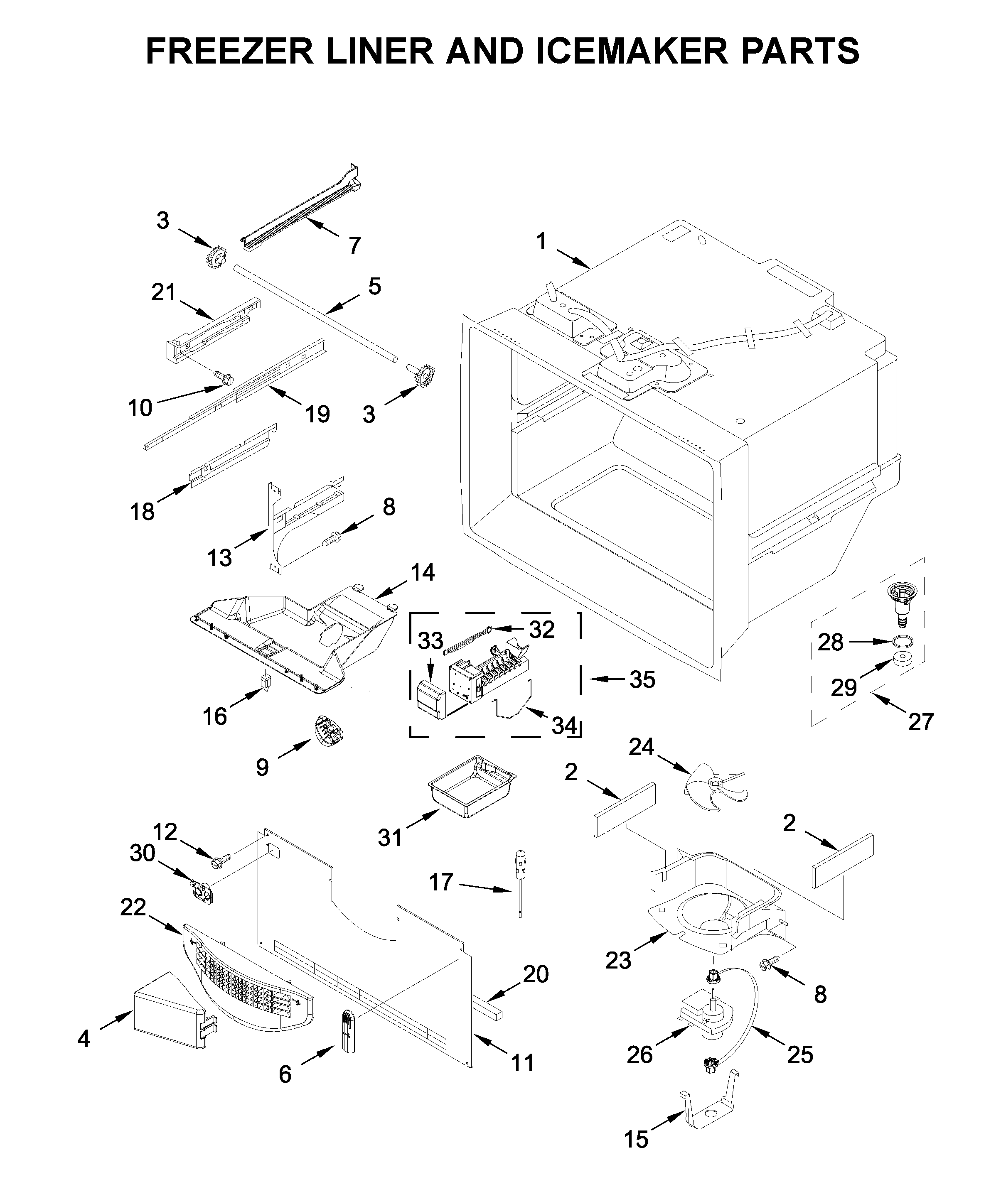Whirlpool WRB329DMBB02 freezer liner and icemaker parts diagram
