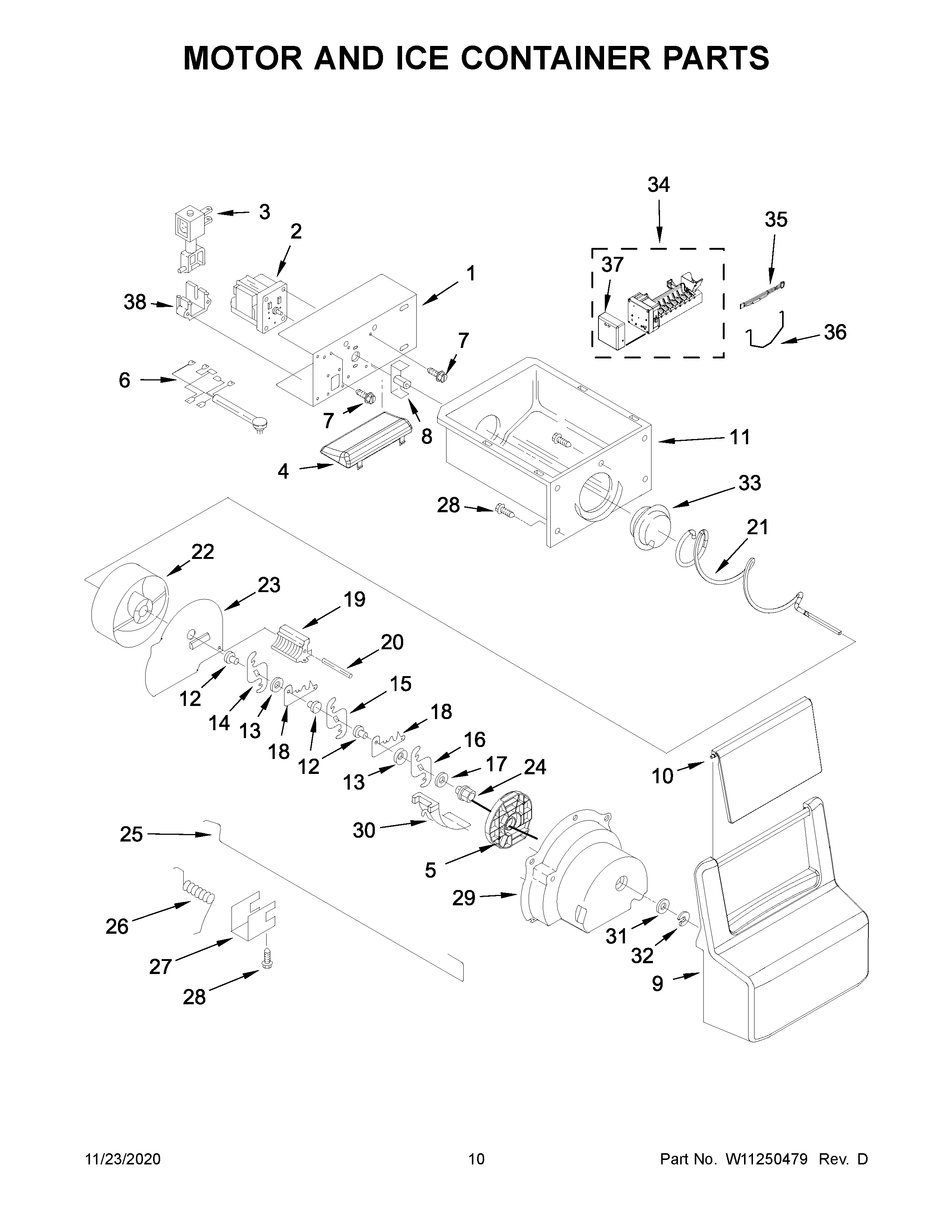 Whirlpool WRS321SDHW01 motor and ice container parts diagram