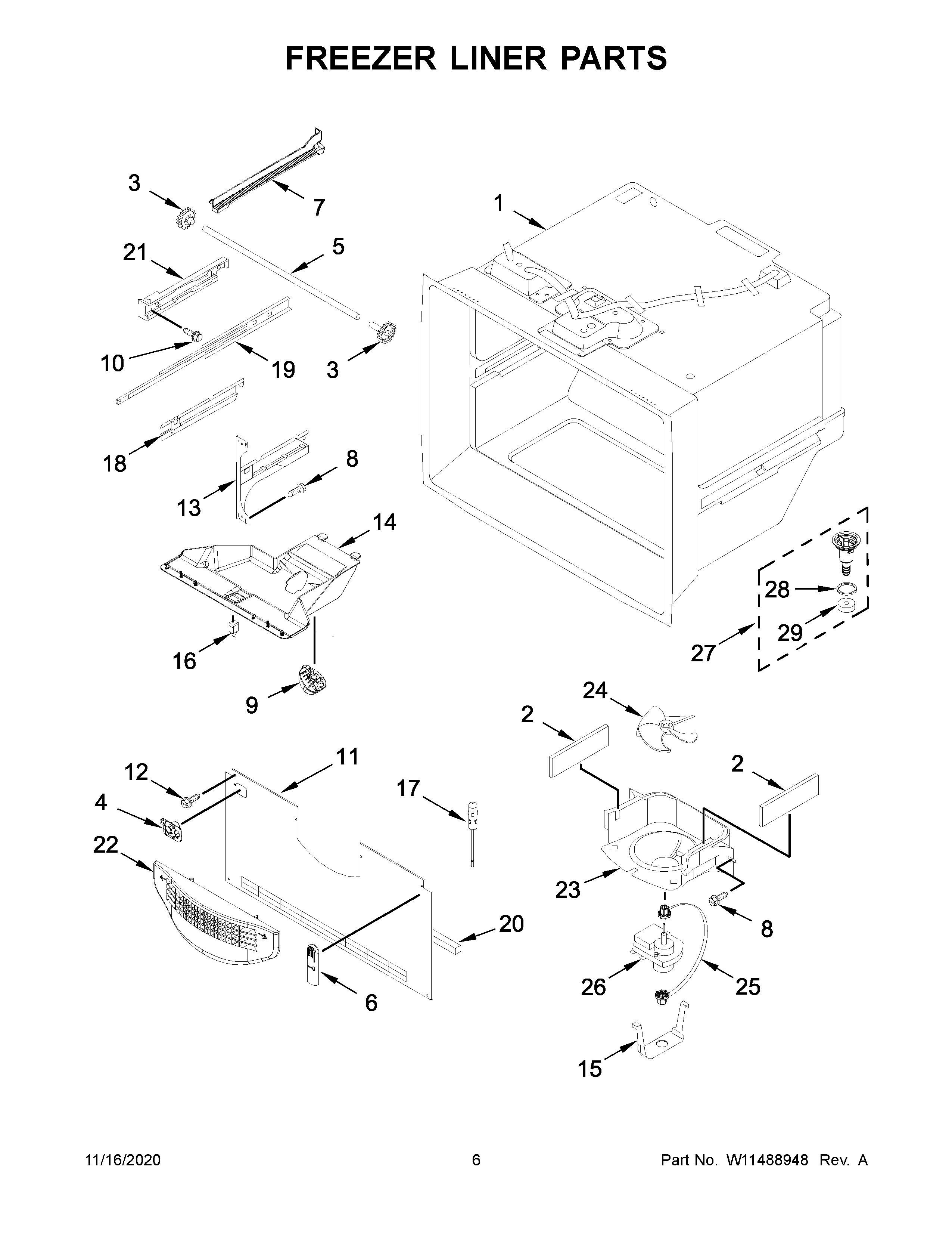 Whirlpool WRB329DFBW02 freezer liner parts diagram