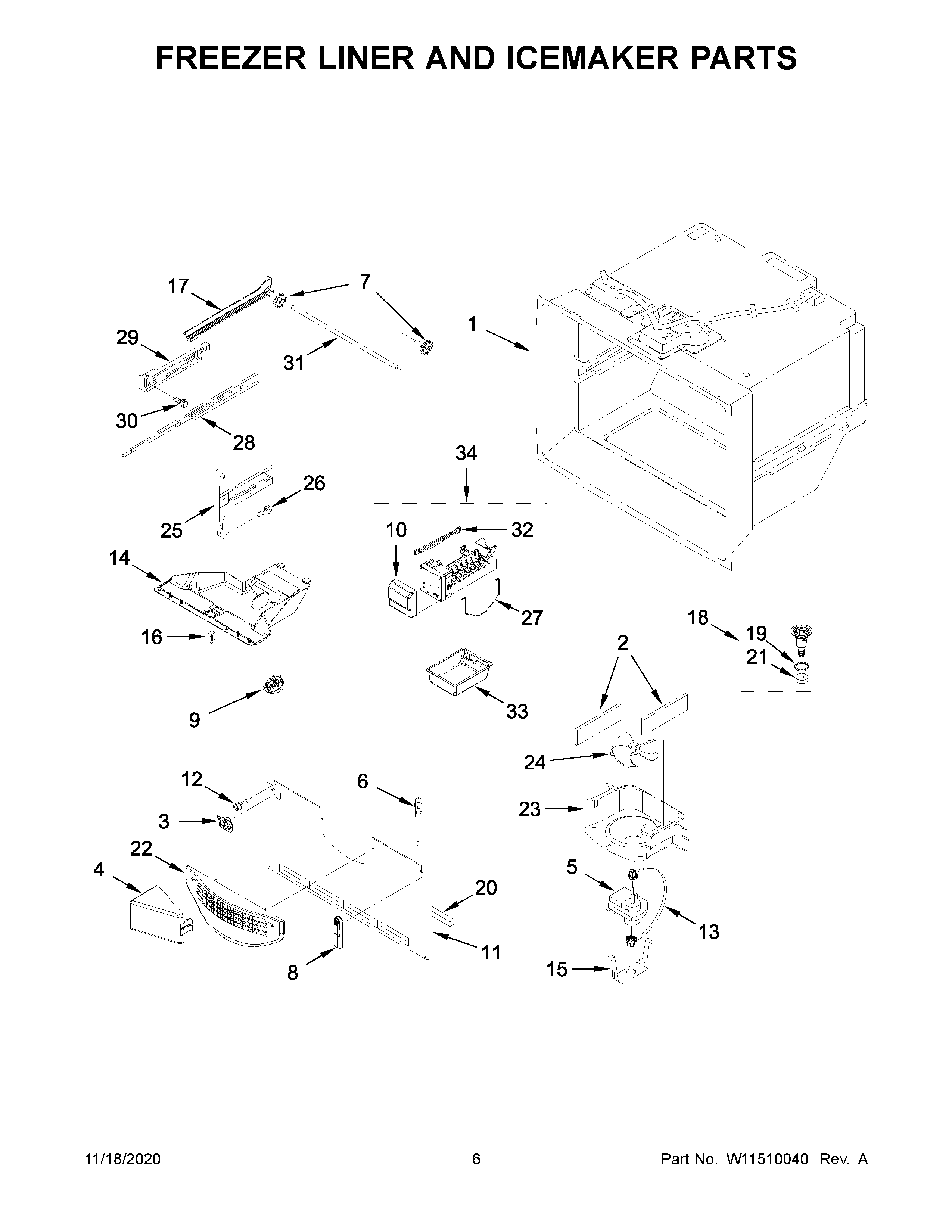 Whirlpool WRF535SWHB03 freezer liner and icemaker parts diagram