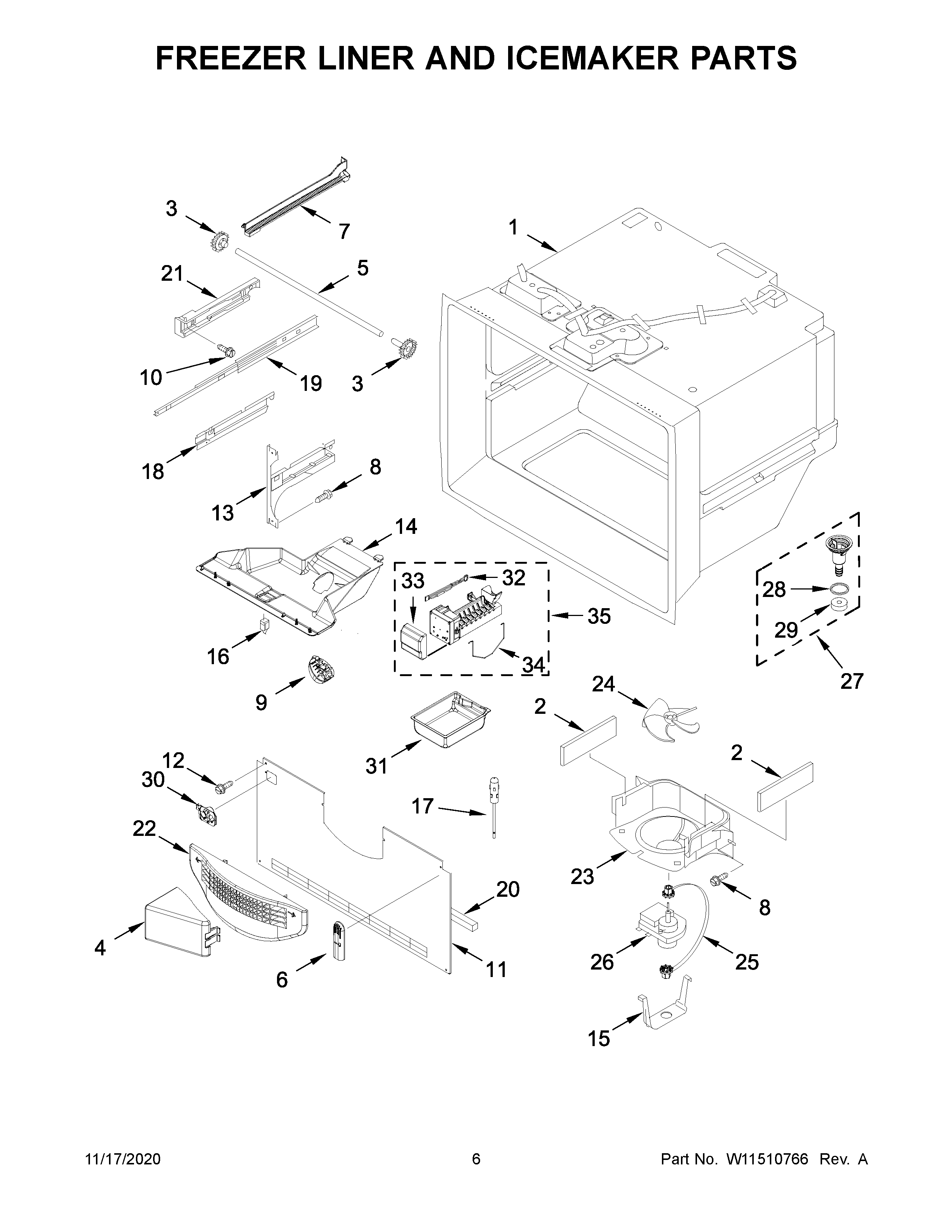 Whirlpool WRB322DMHV02 freezer liner and icemaker parts diagram