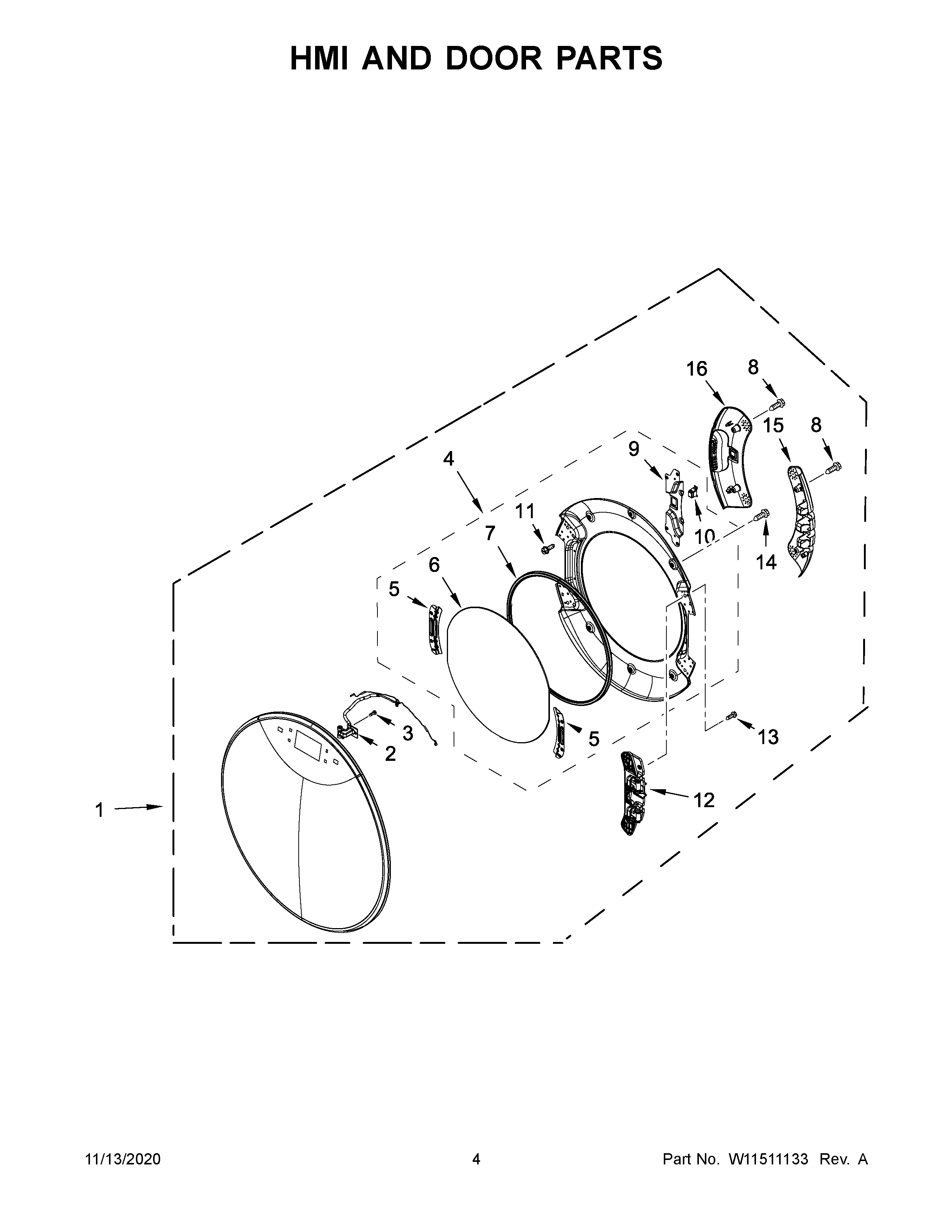 Whirlpool WED9620HC2 hmi and door parts diagram