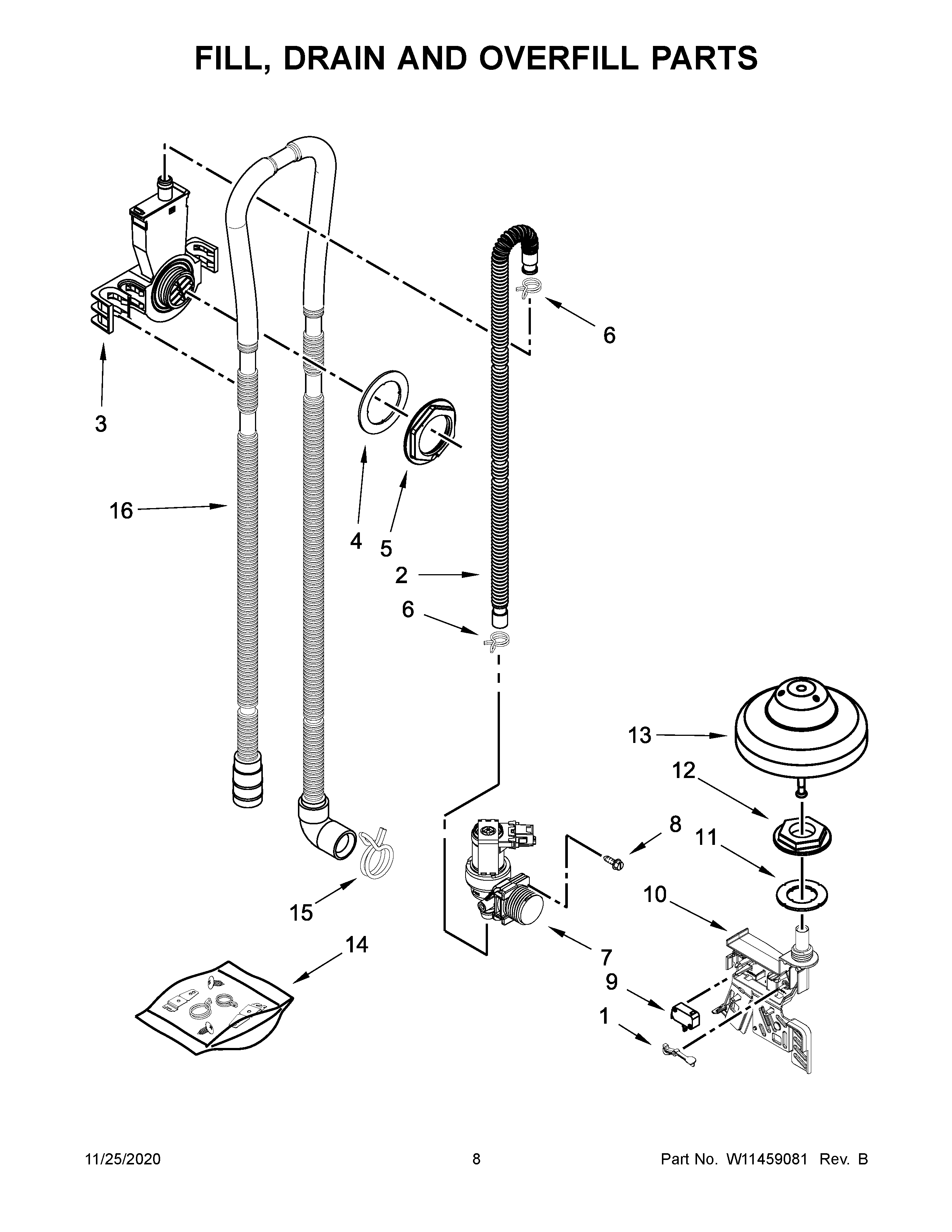 KitchenAid KDFE104HBS1 fill, drain and overfill parts diagram