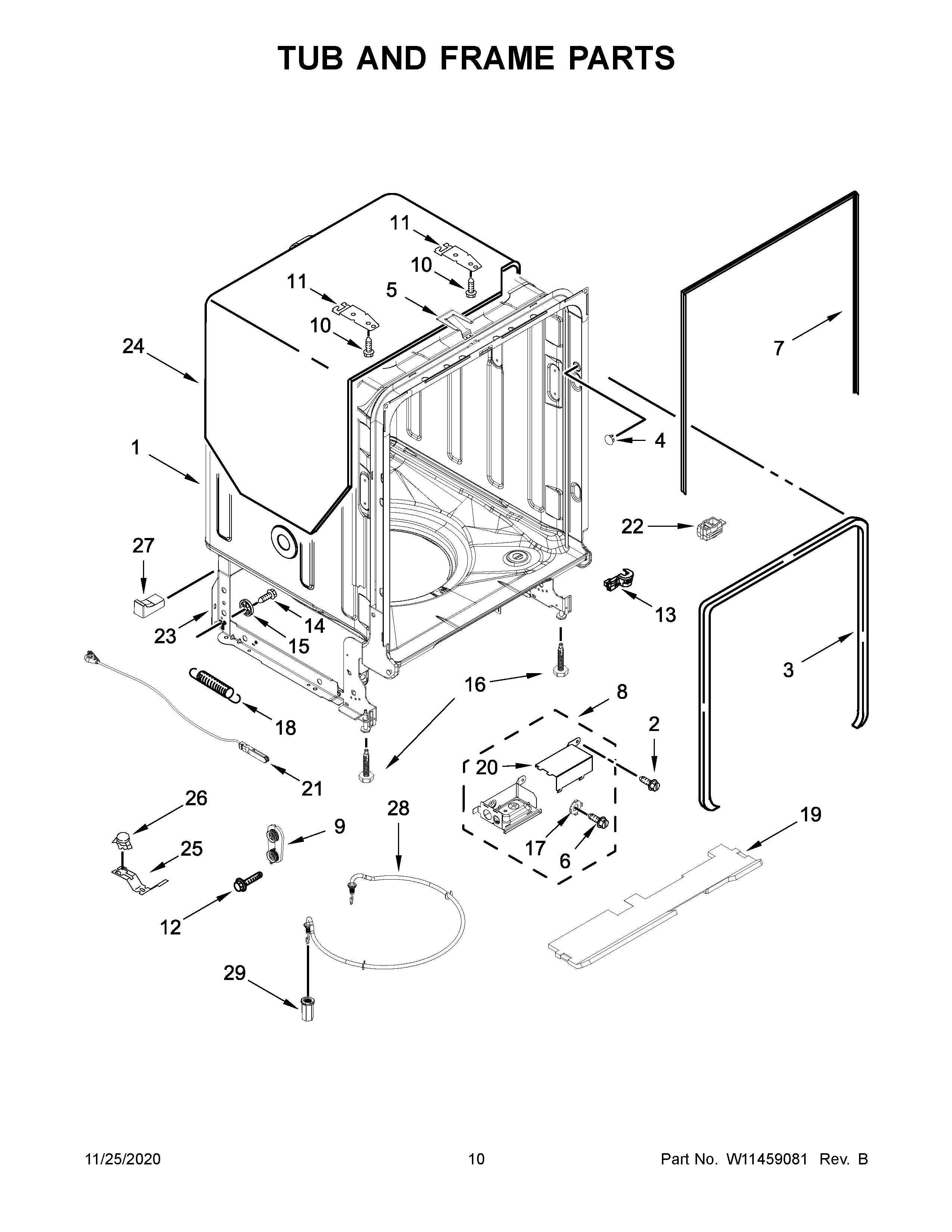 KitchenAid KDFE104HBS1 tub and frame parts diagram