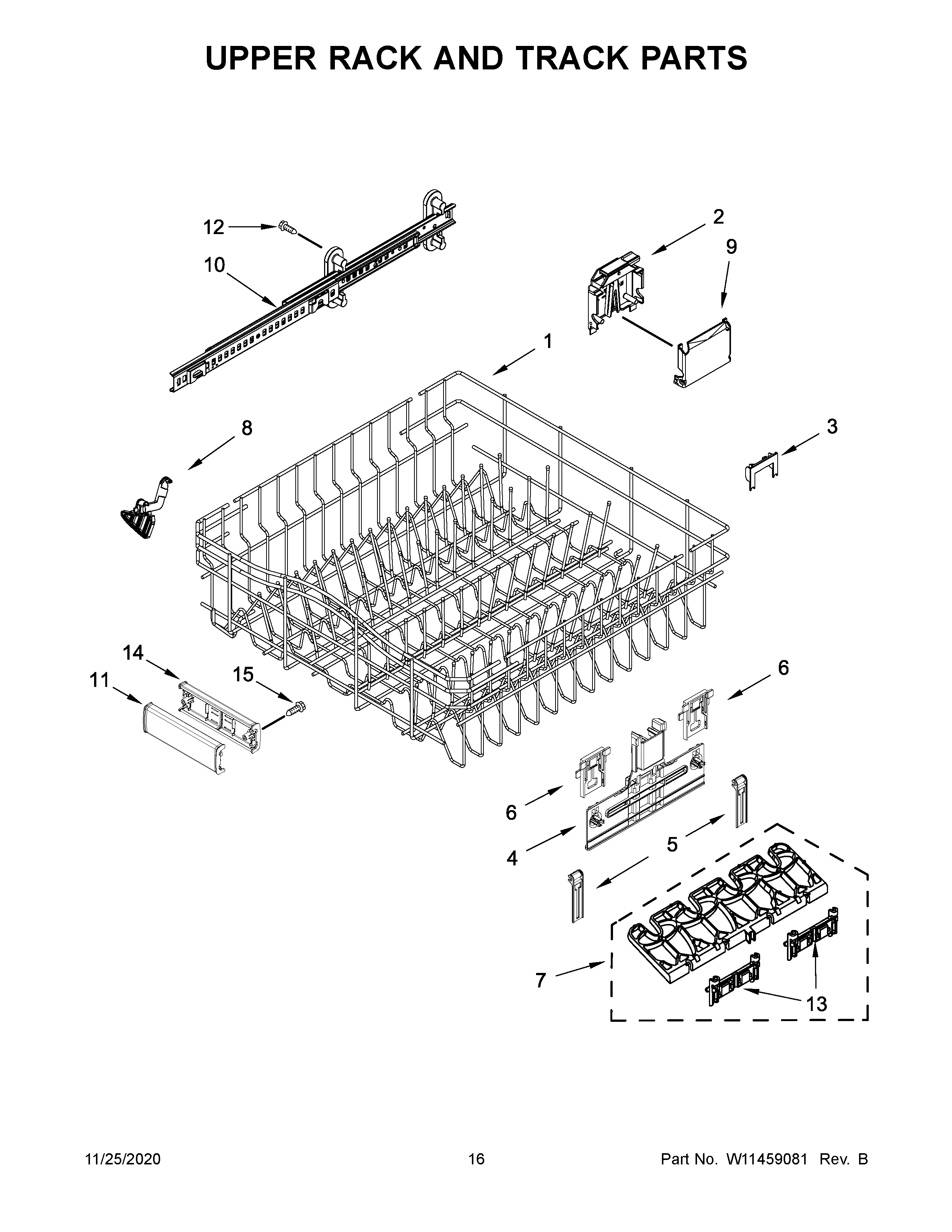 KitchenAid KDFE104HBS1 upper rack and track parts diagram