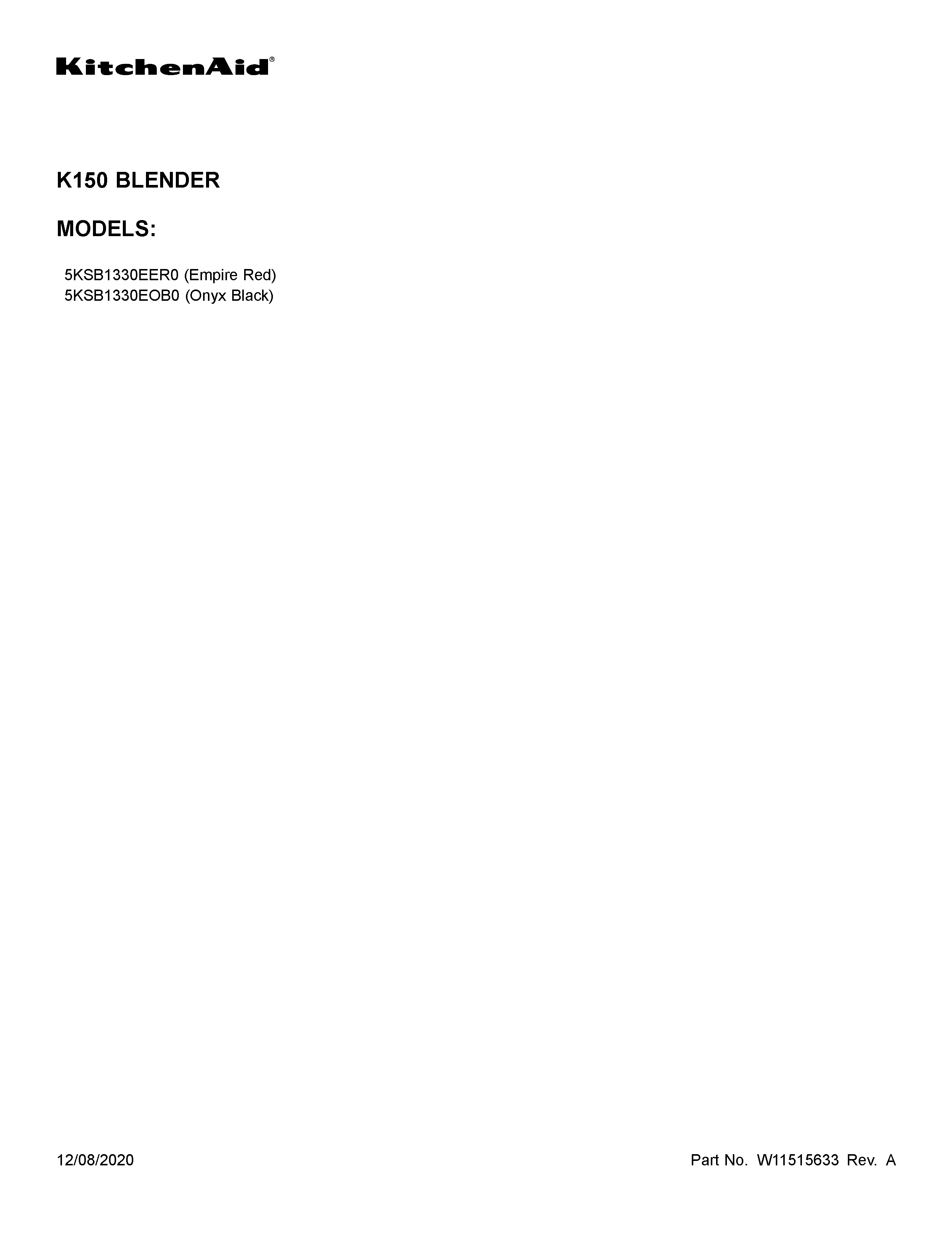 KitchenAid 5KSB1330EOB0 cover sheet diagram