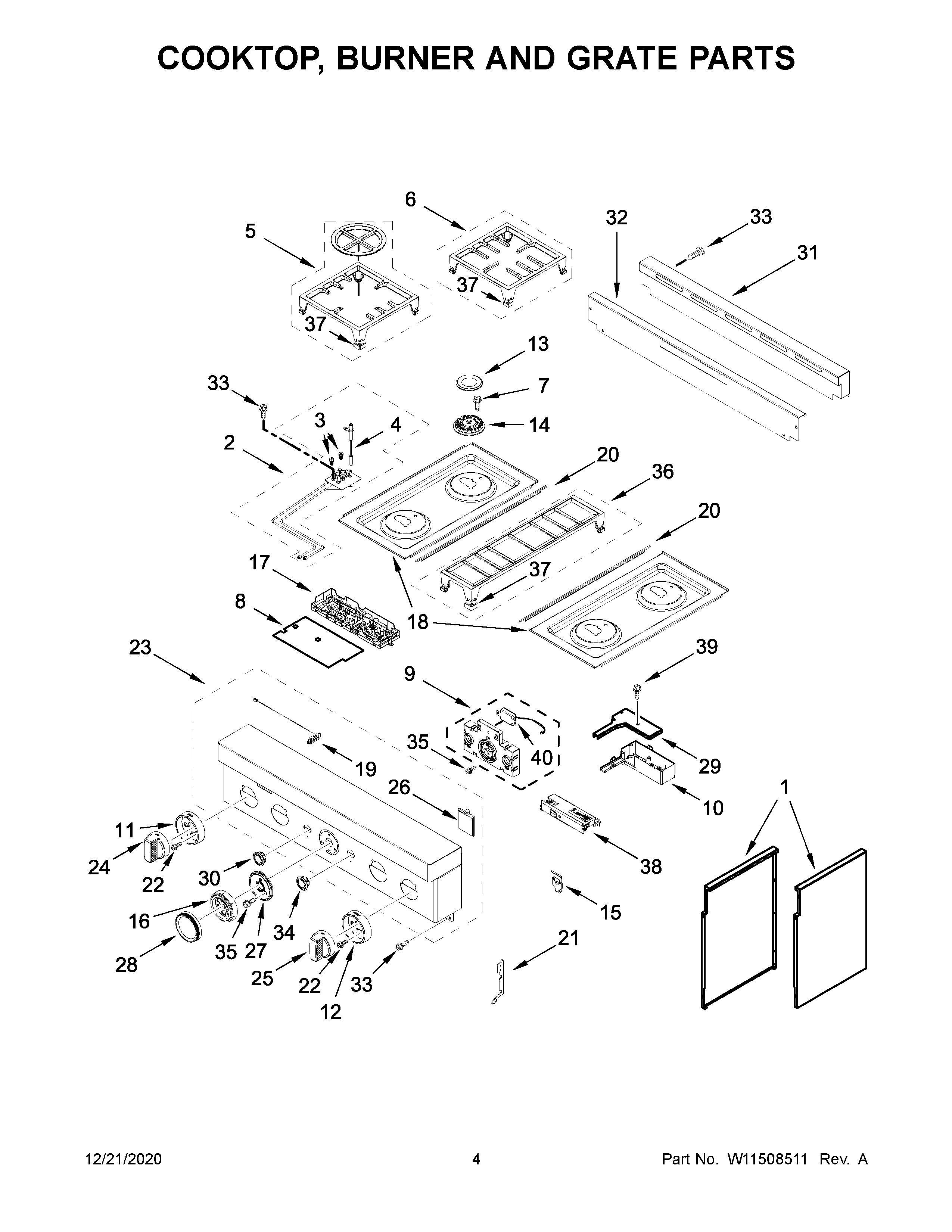 KitchenAid KFGC500JSS01 cooktop, burner and grate parts diagram