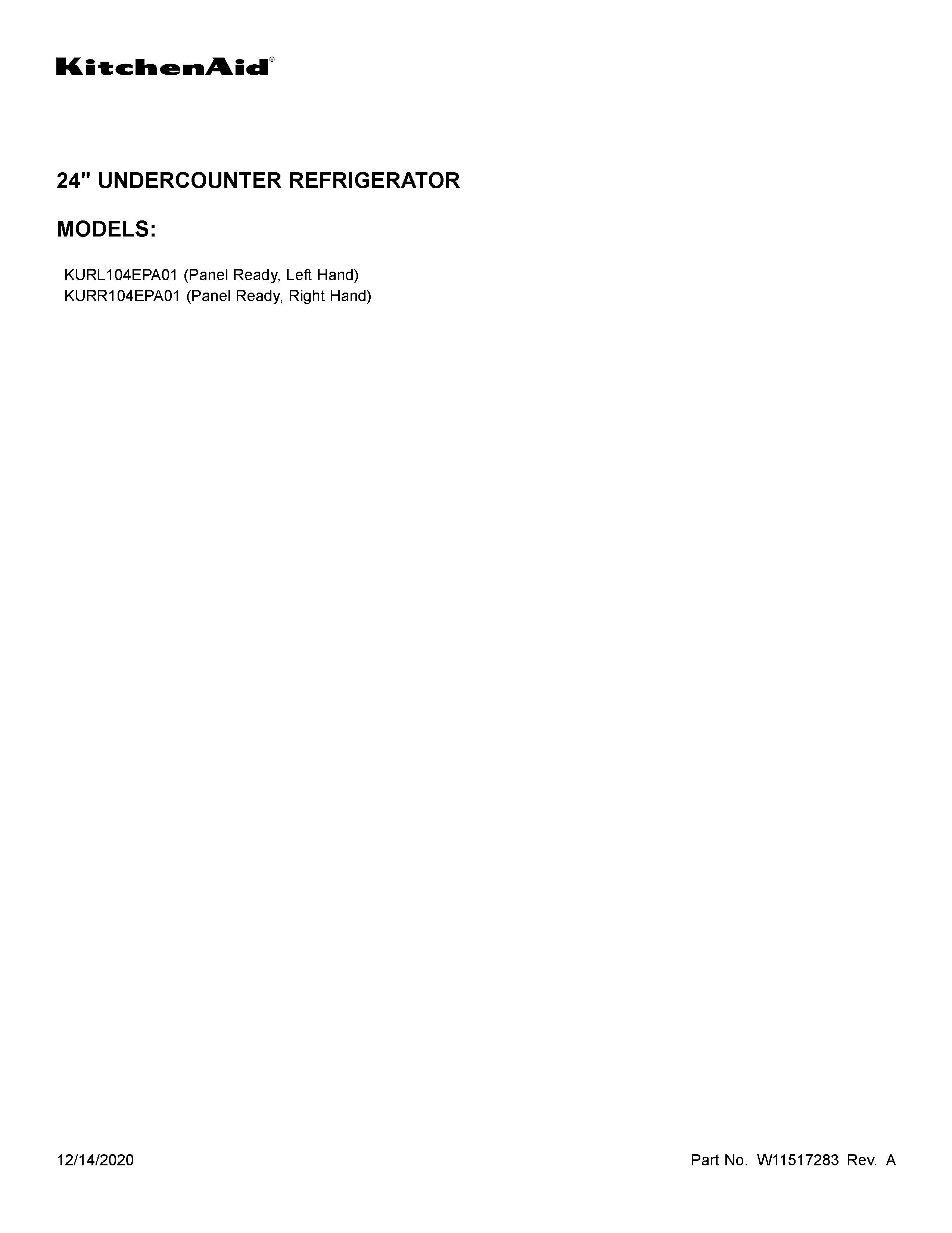 KitchenAid KURR104EPA01 cover sheet diagram