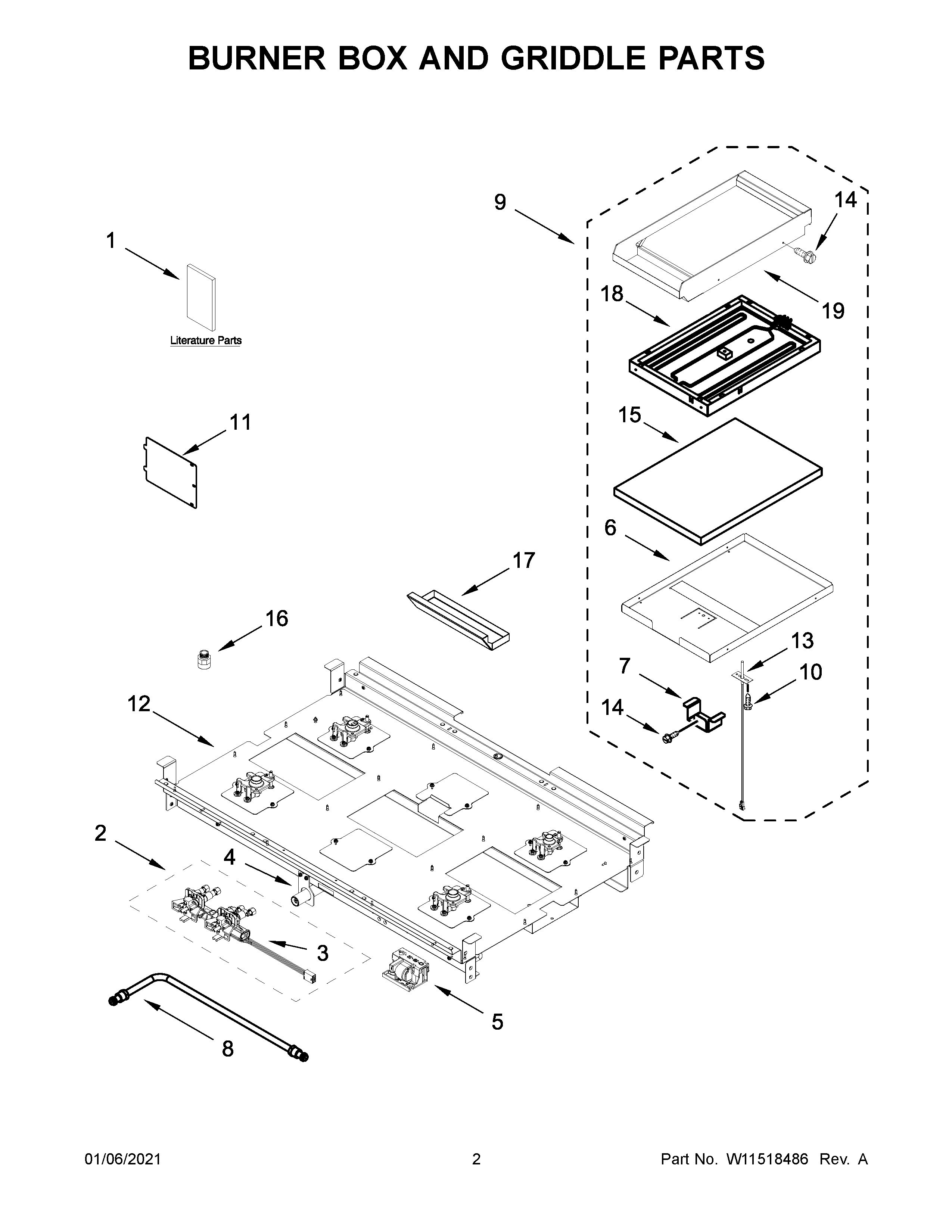 Jenn-Air JDSP536HL01 burner box and griddle parts diagram