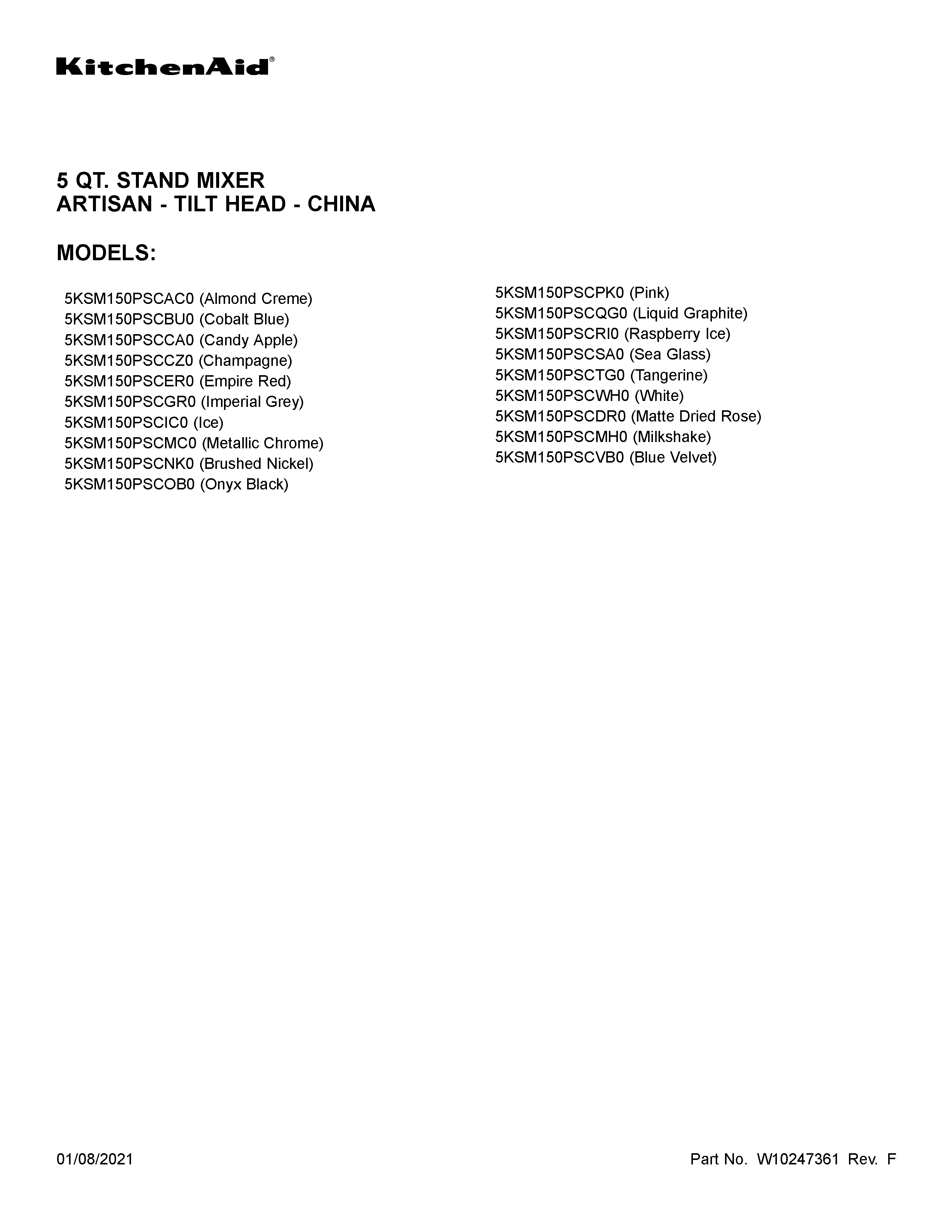 KitchenAid 5KSM150PSCWH0 cover sheet diagram