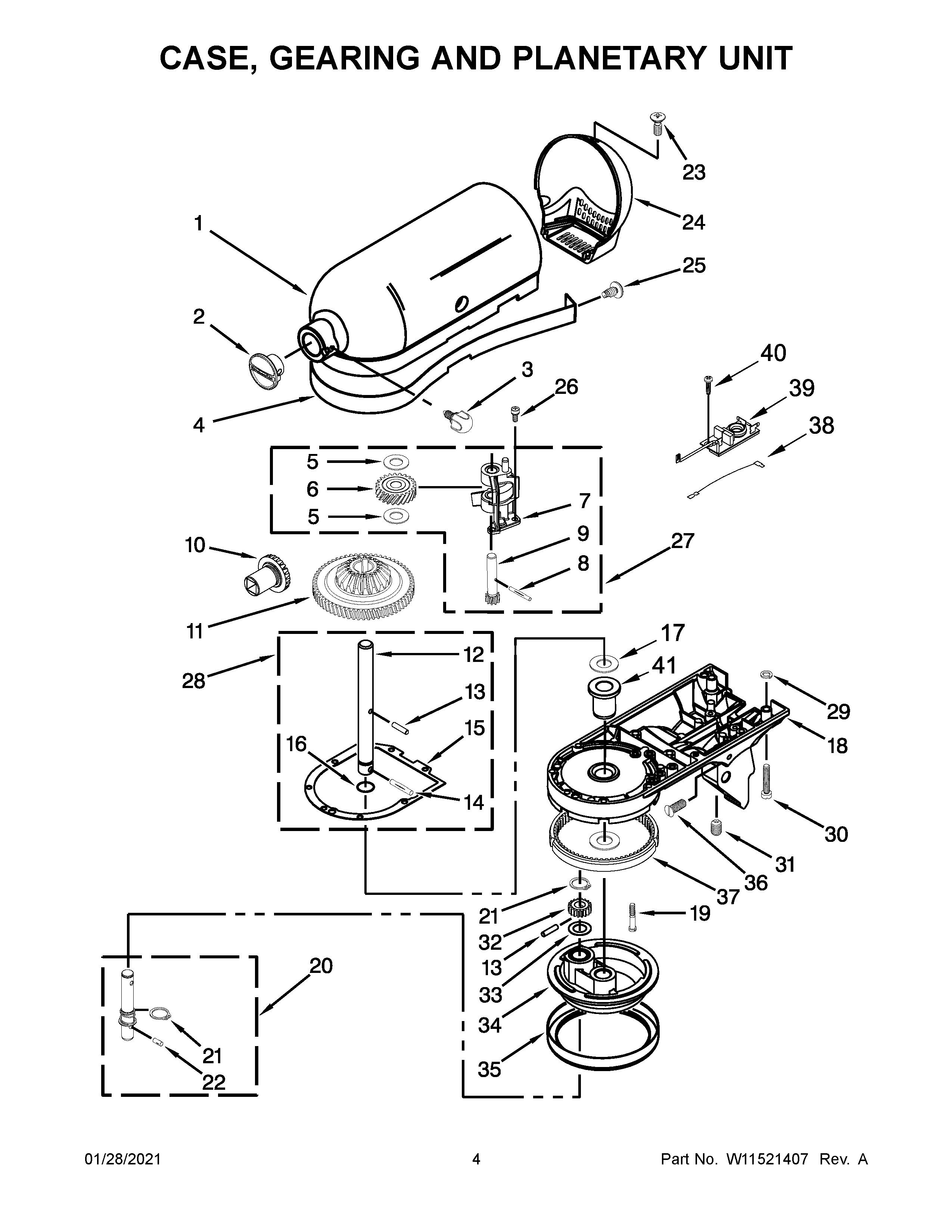 KitchenAid 5KSM156BBM4 case, gearing and planetary unit diagram