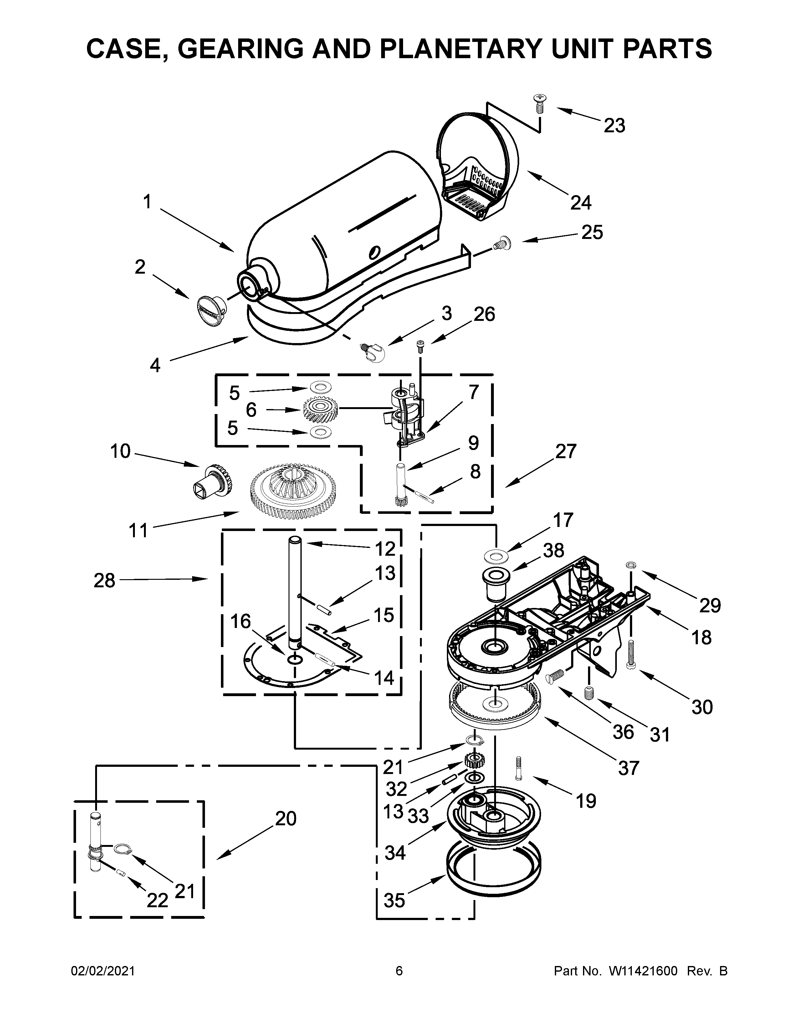 KitchenAid KSM150FBCU0 case, gearing and planetary unit parts diagram