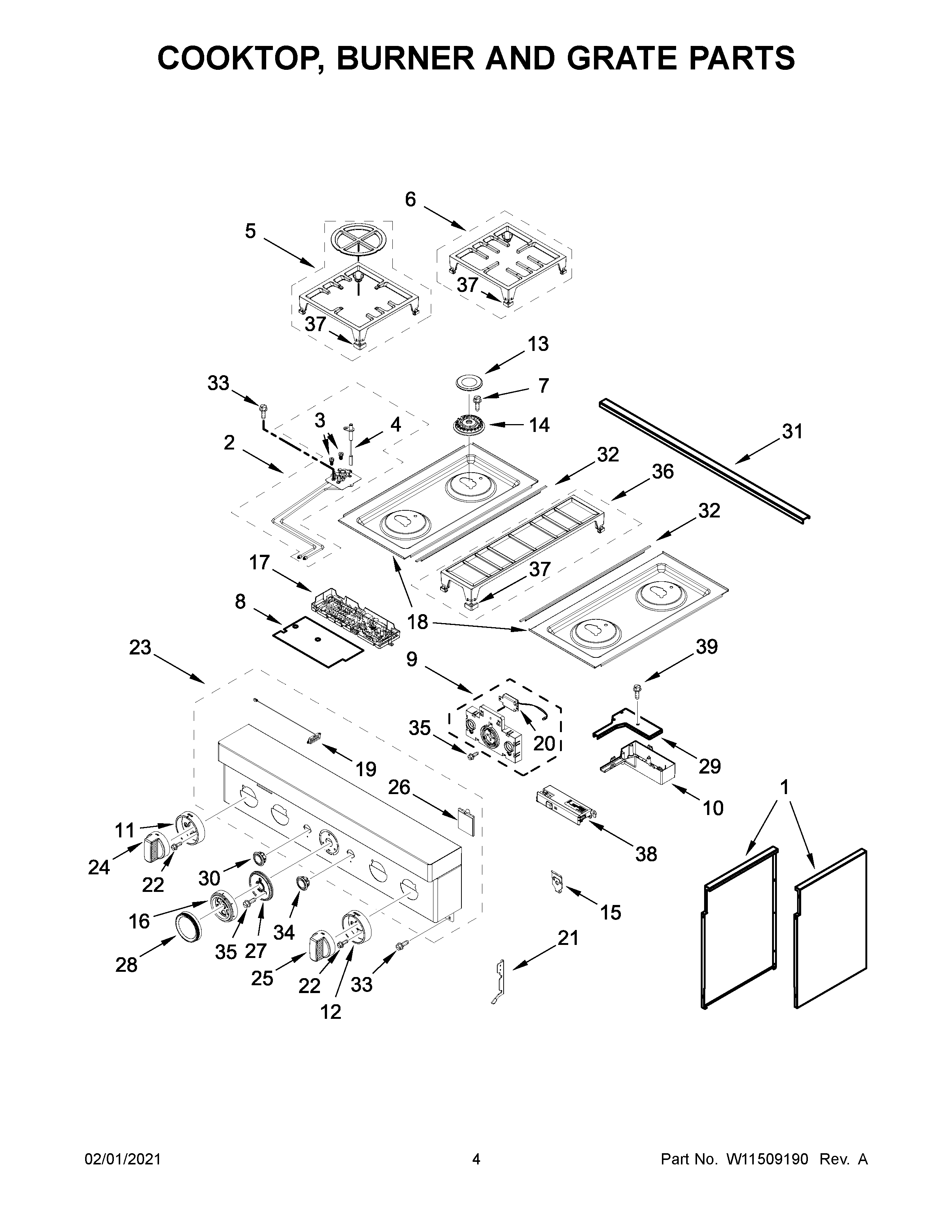 KitchenAid KFDC500JSS01 cooktop, burner and grate parts diagram