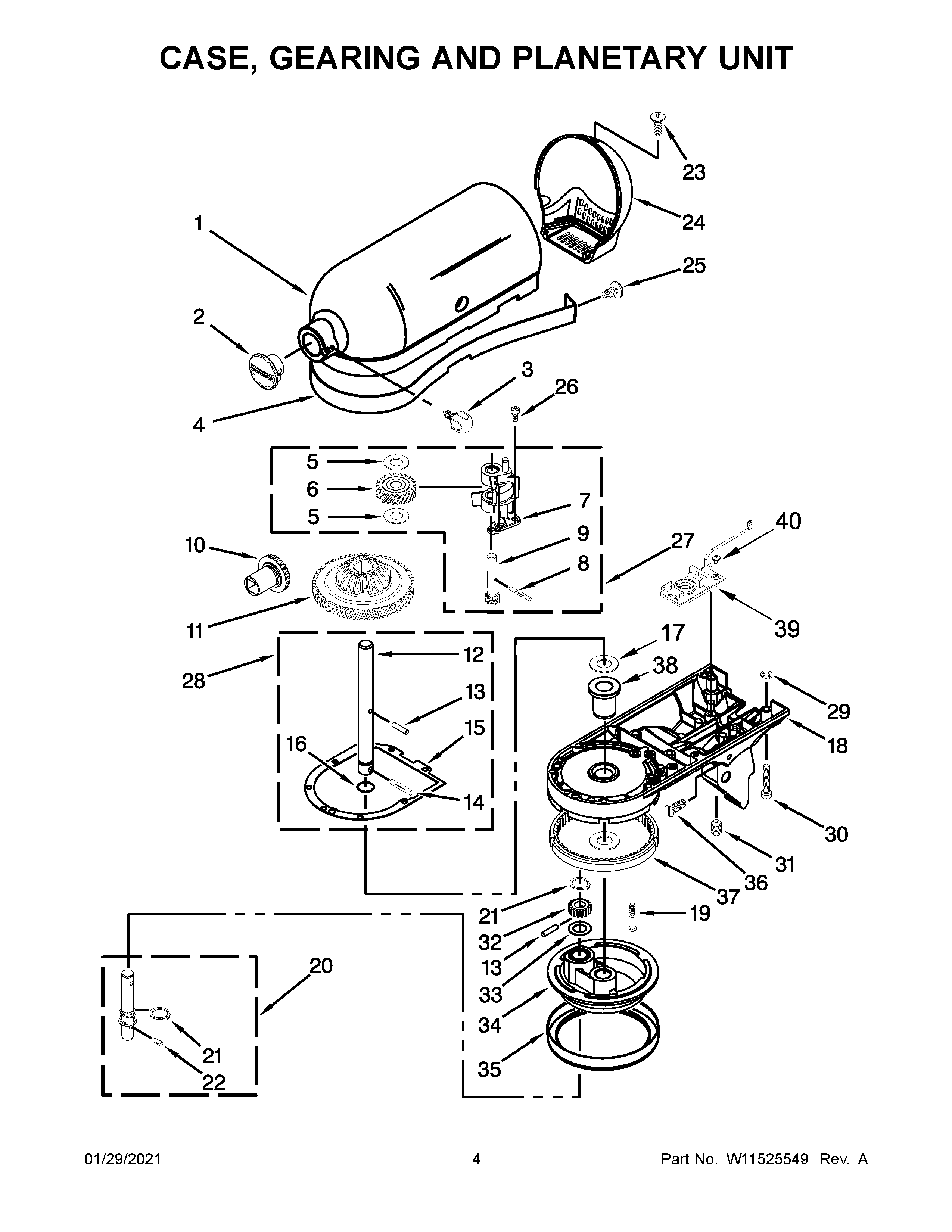 KitchenAid 5KSM156WPEDR4 case, gearing and planetary unit diagram