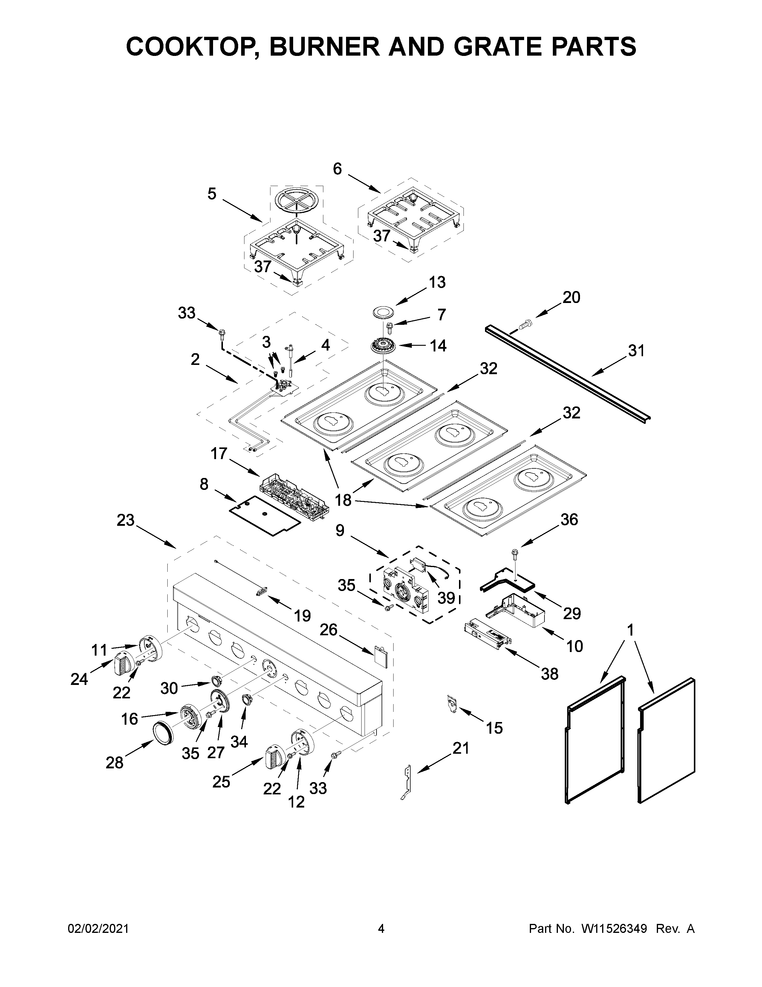 KitchenAid KFDC506JIB01 cooktop, burner and grate parts diagram