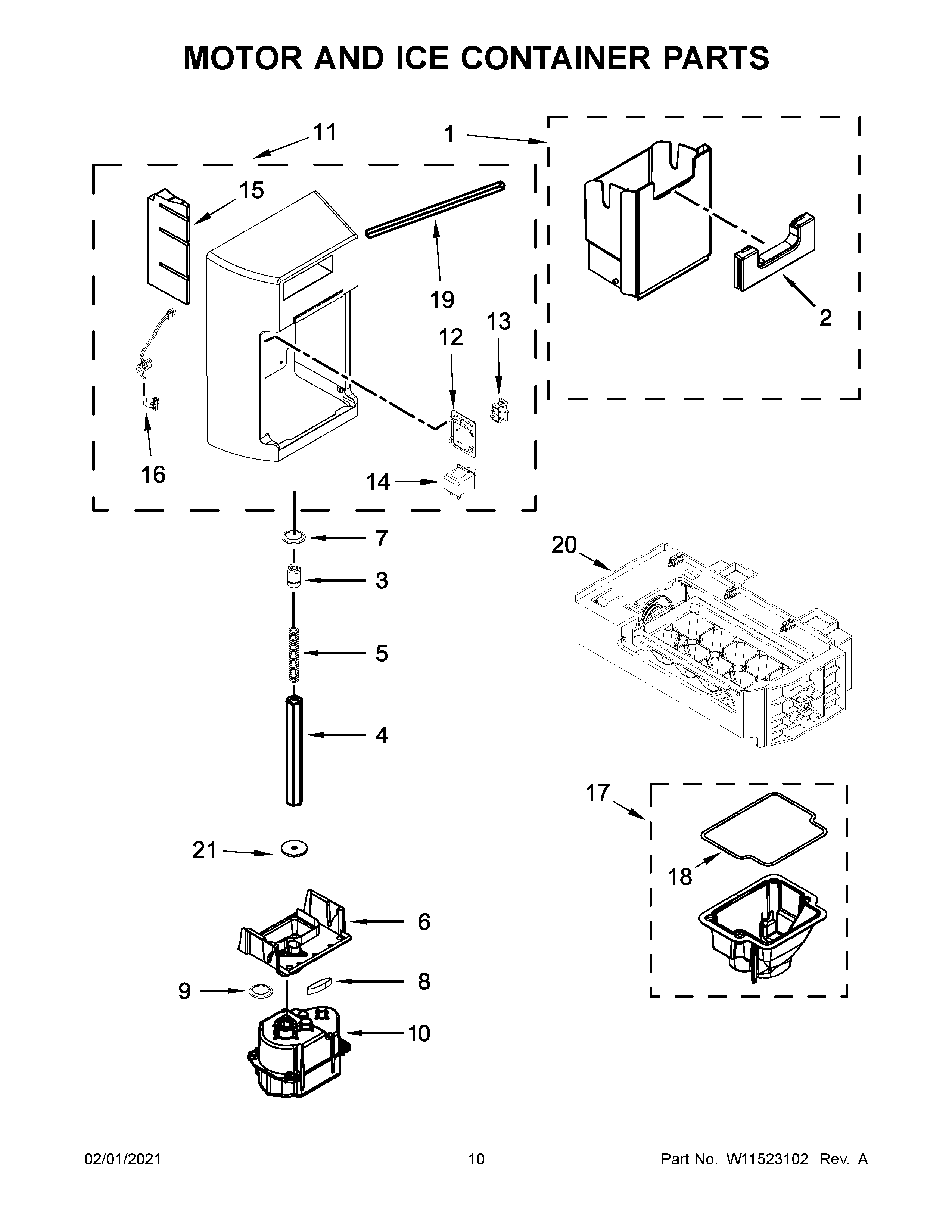 Kenmore 10651335714 motor and ice container parts diagram
