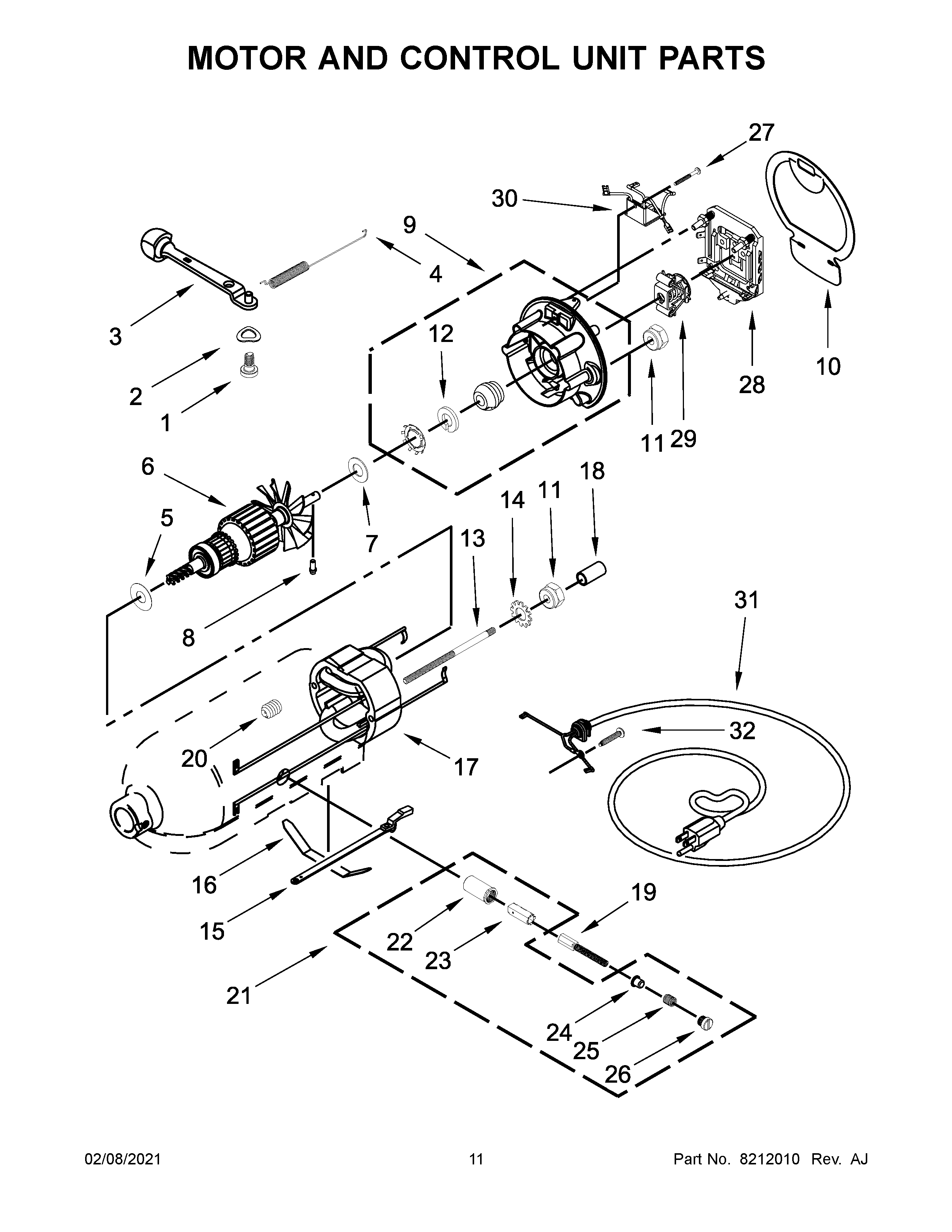 KitchenAid KSM150PSOB0 motor and control unit parts diagram