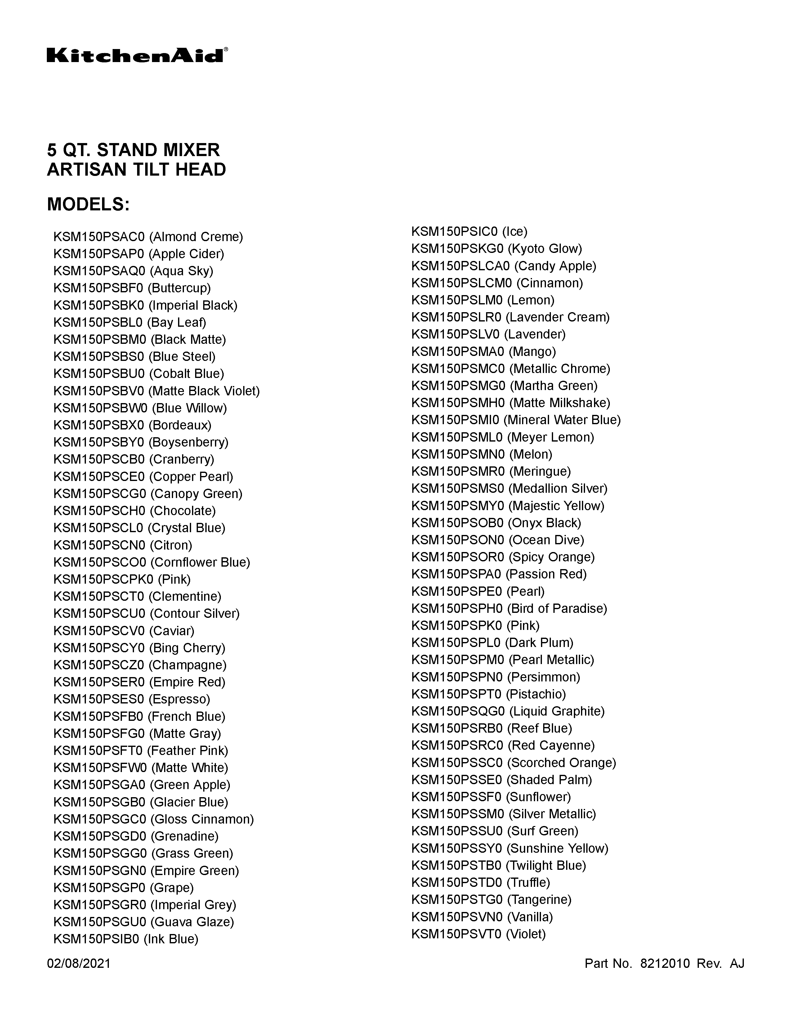 KitchenAid KSM150PSWB0 cover sheet diagram