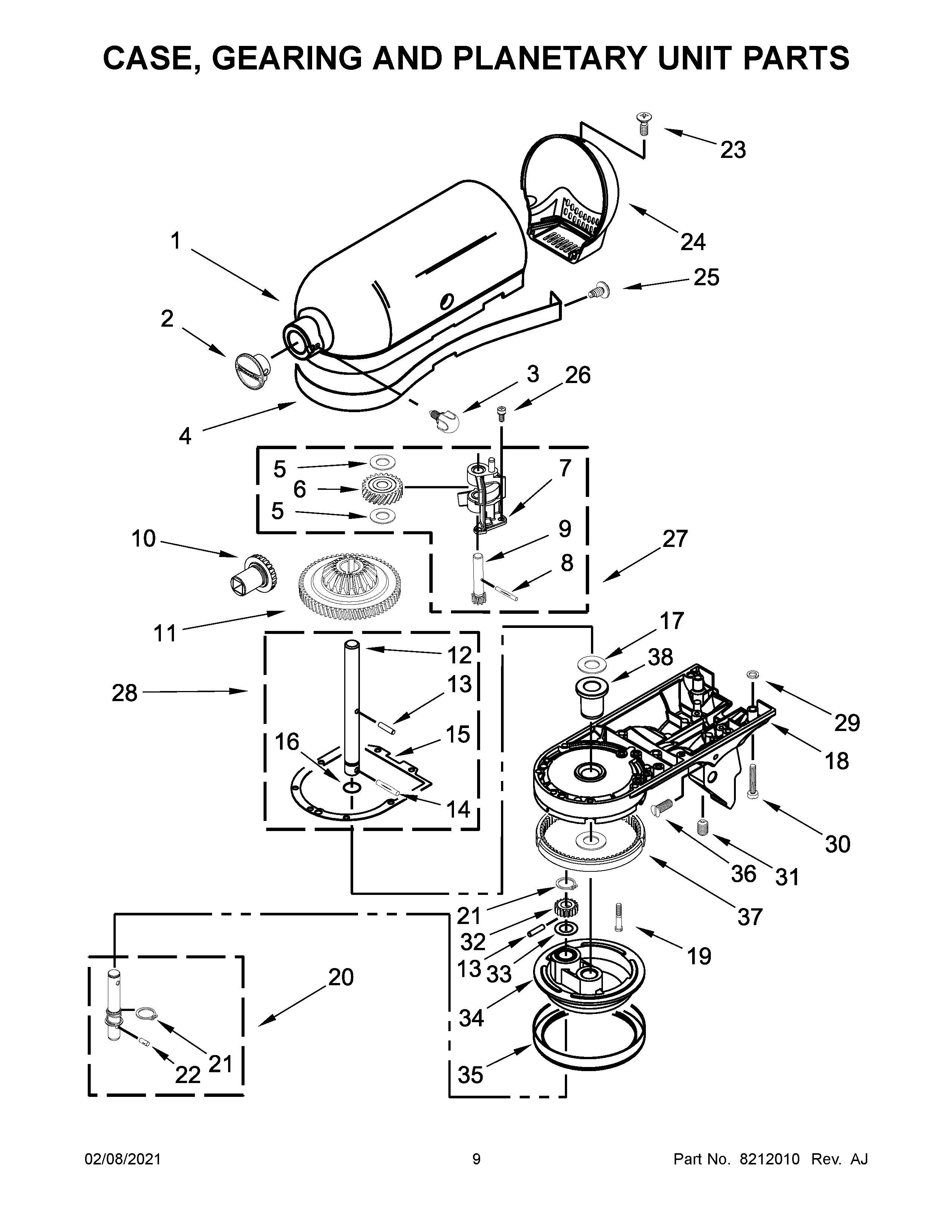 KitchenAid KSM150PSWB0 case, gearing and planetary unit parts diagram