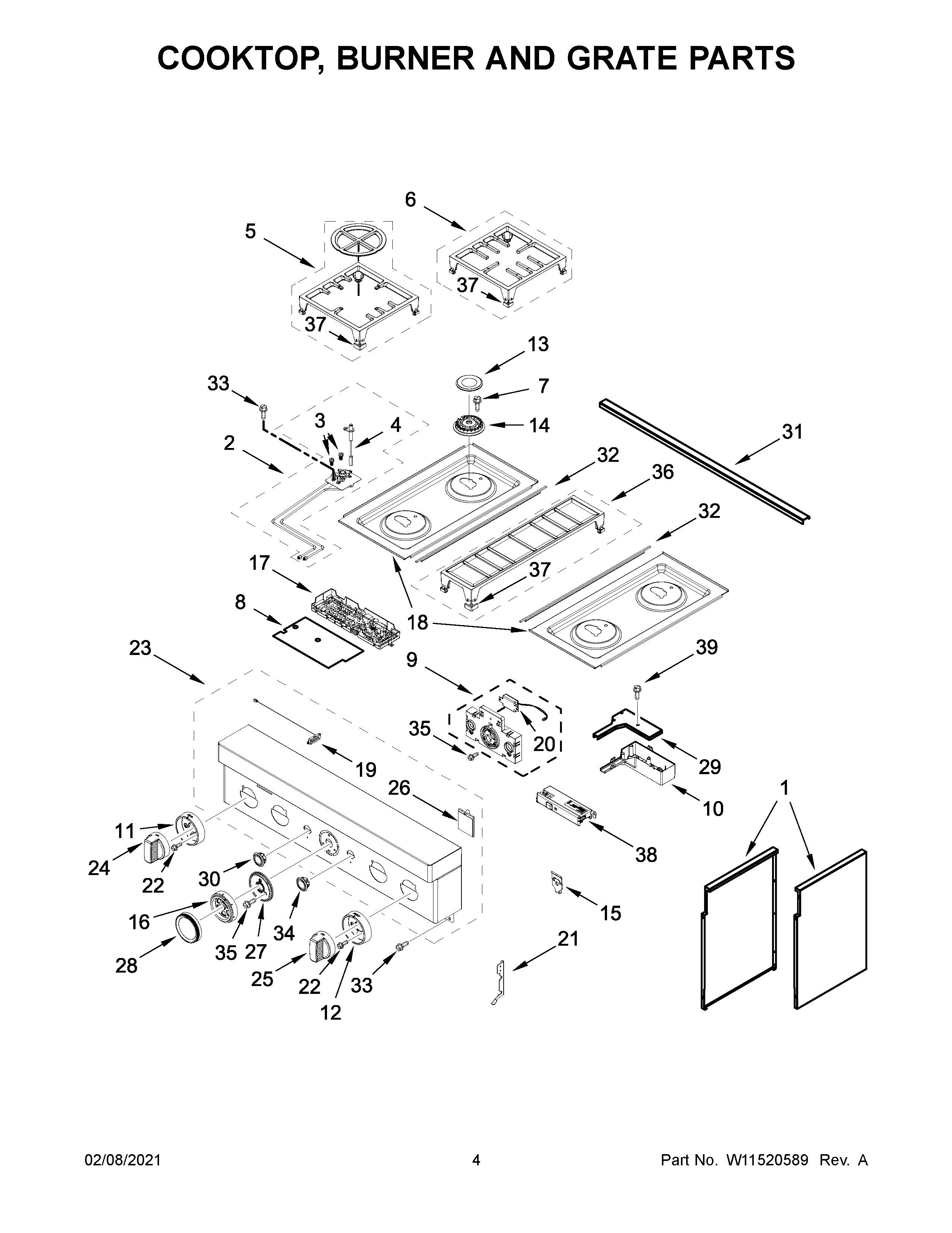 KitchenAid KFDC500JBK01 cooktop, burner and grate parts diagram