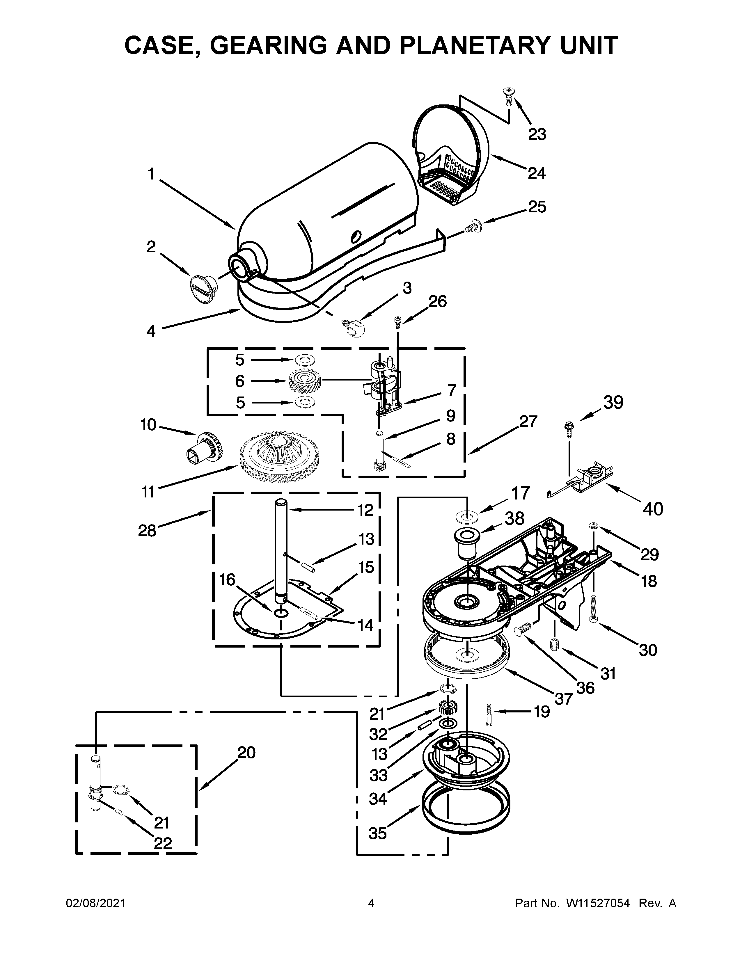 KitchenAid 5KSM156EBM4 case, gearing and planetary unit diagram