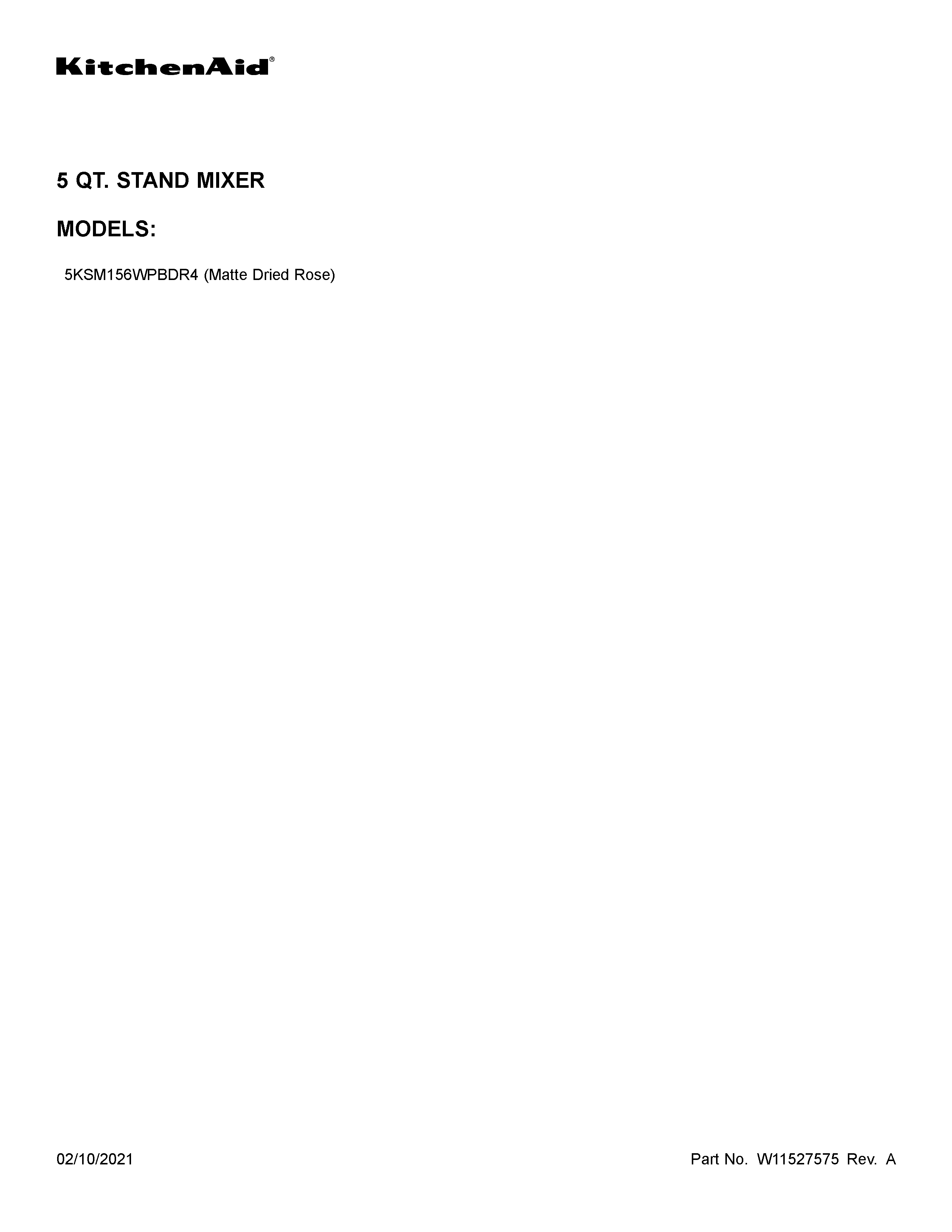 KitchenAid 5KSM156WPBDR4 cover sheet diagram