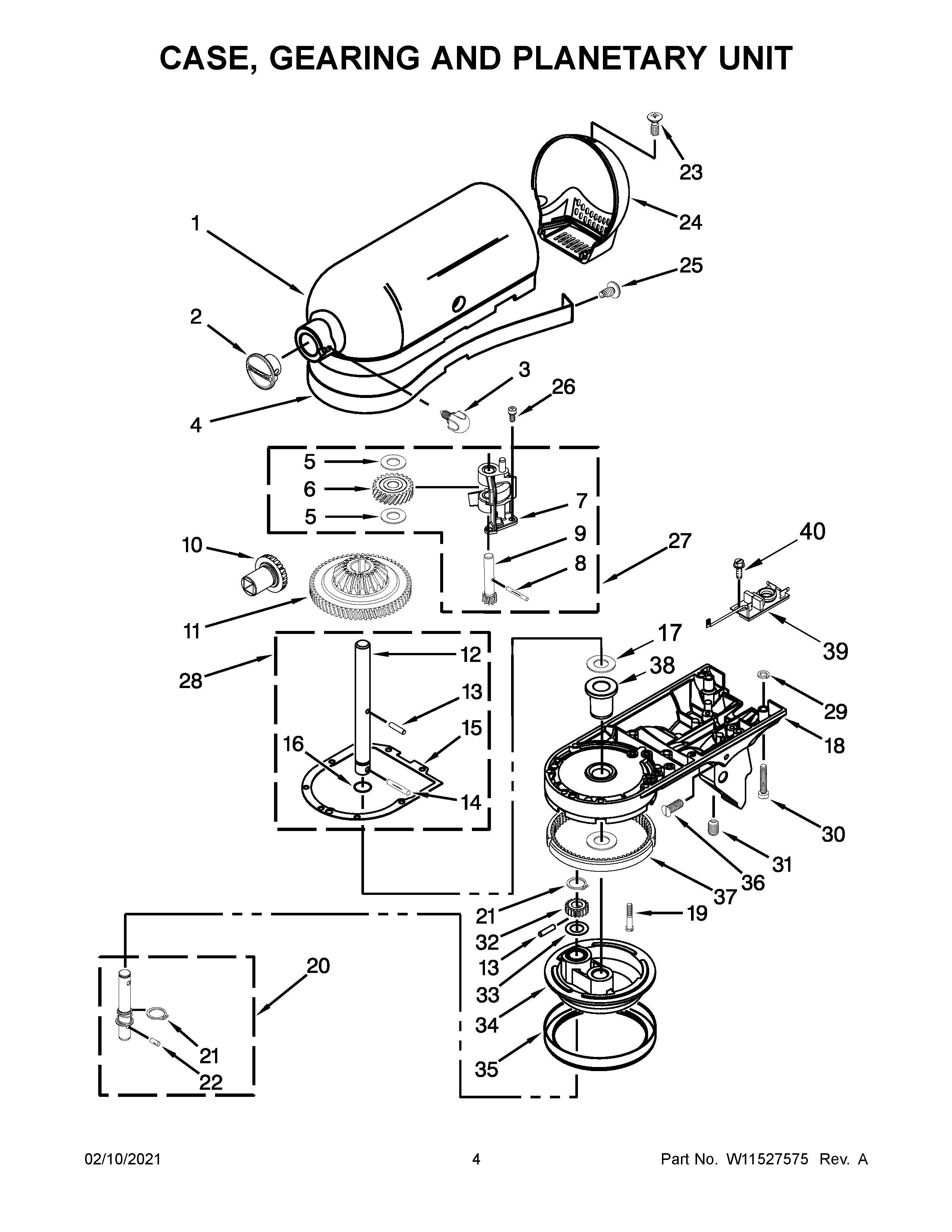 KitchenAid 5KSM156WPBDR4 case, gearing and planetary unit diagram