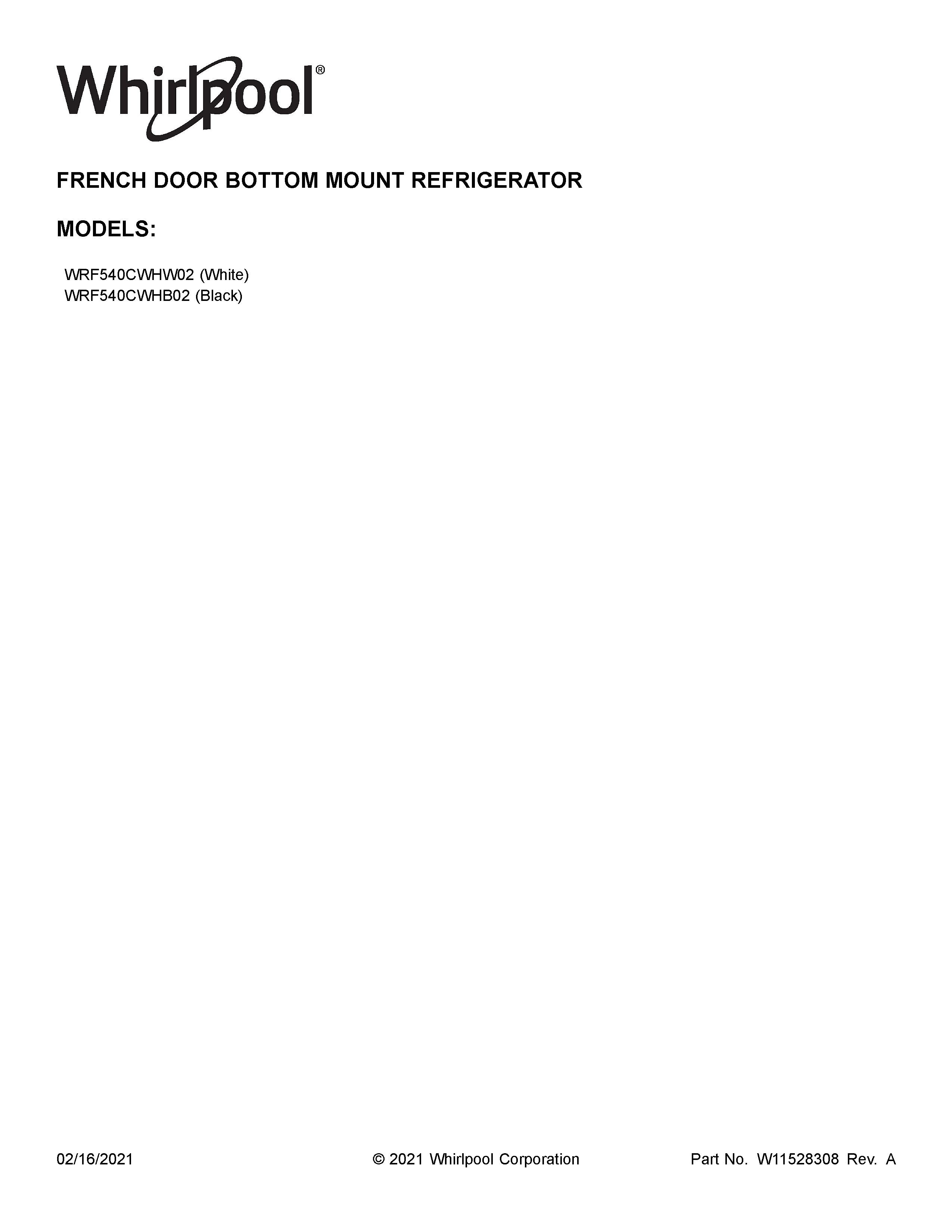 Whirlpool WRF540CWHB02 cover sheet diagram