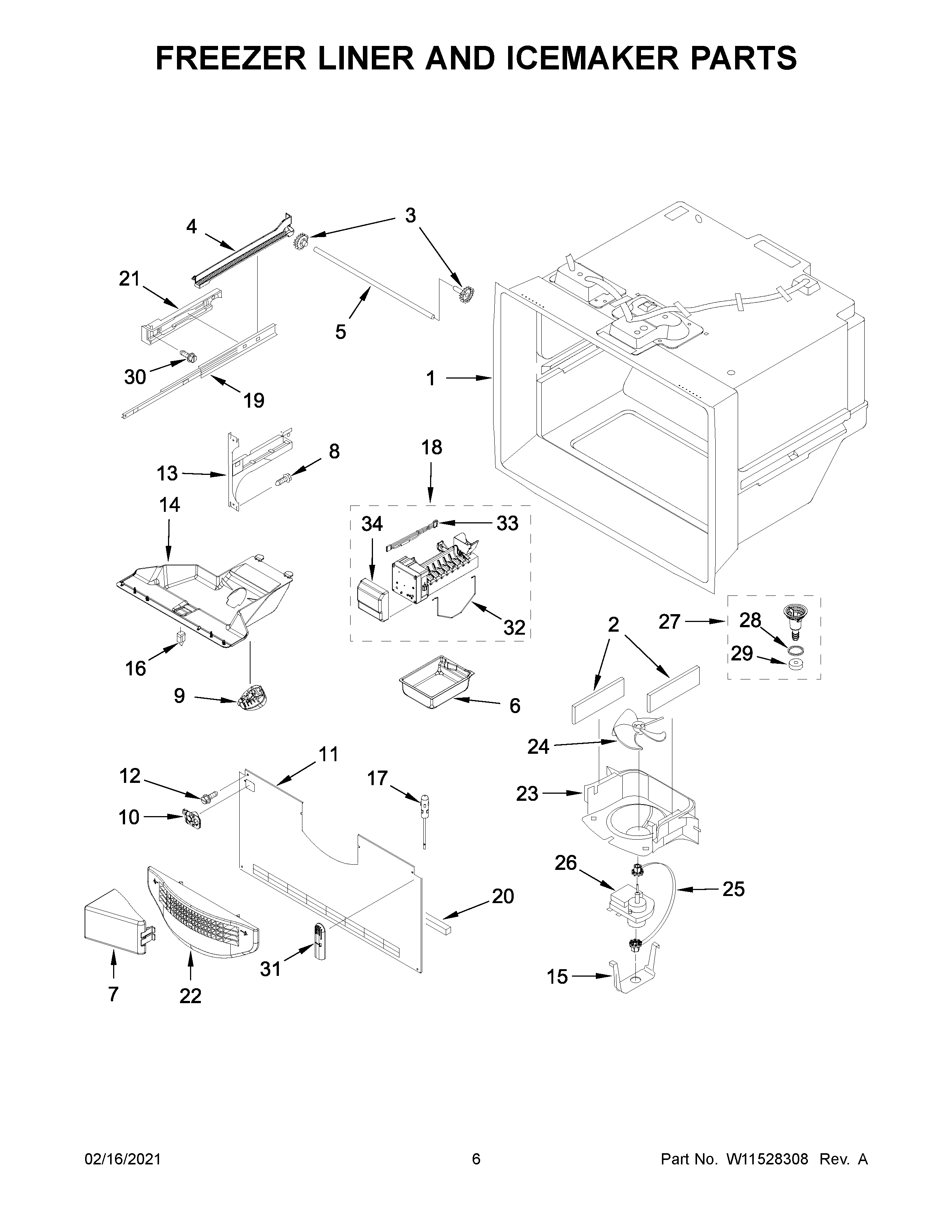 Whirlpool WRF540CWHB02 freezer liner and icemaker parts diagram