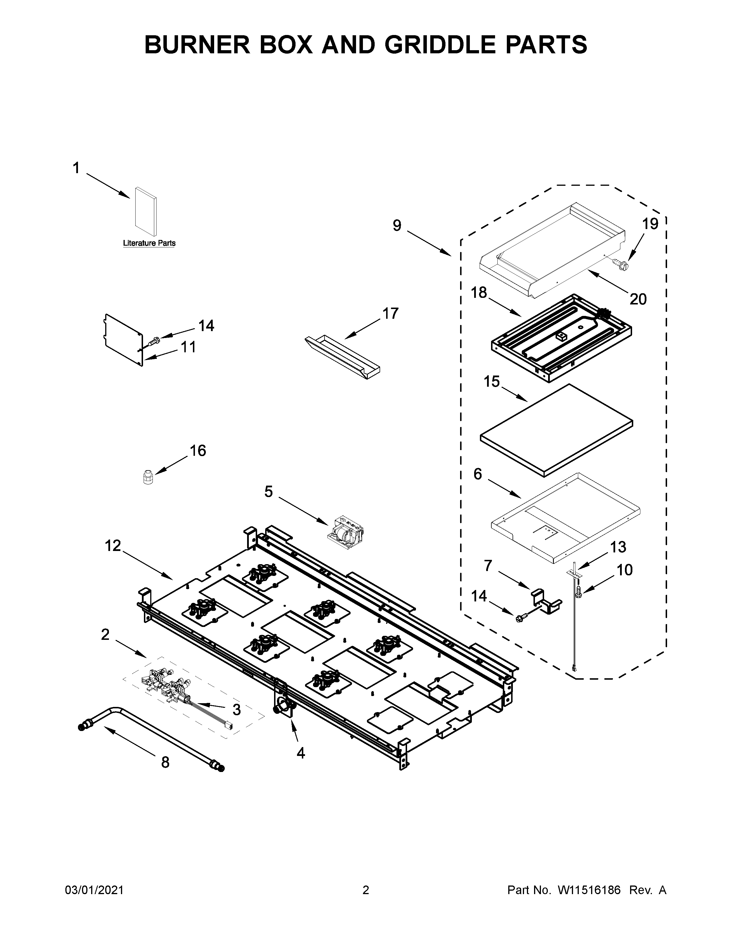 Jenn-Air JDRP548HM01 burner box and griddle parts diagram