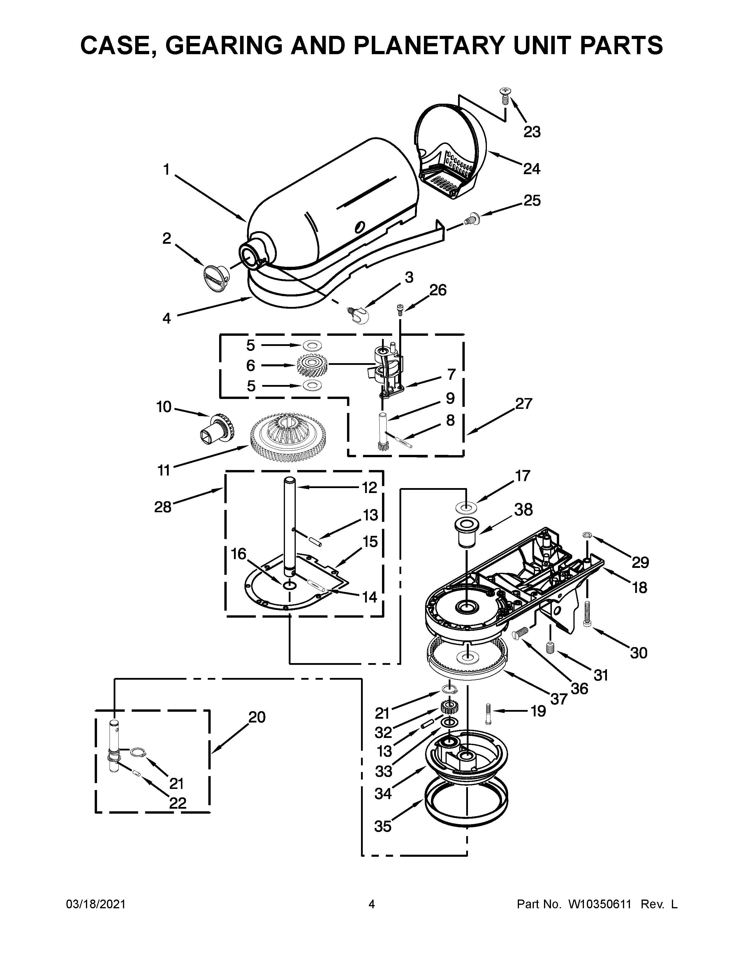 KitchenAid KSM155GBFP0 case, gearing and planetary unit parts diagram