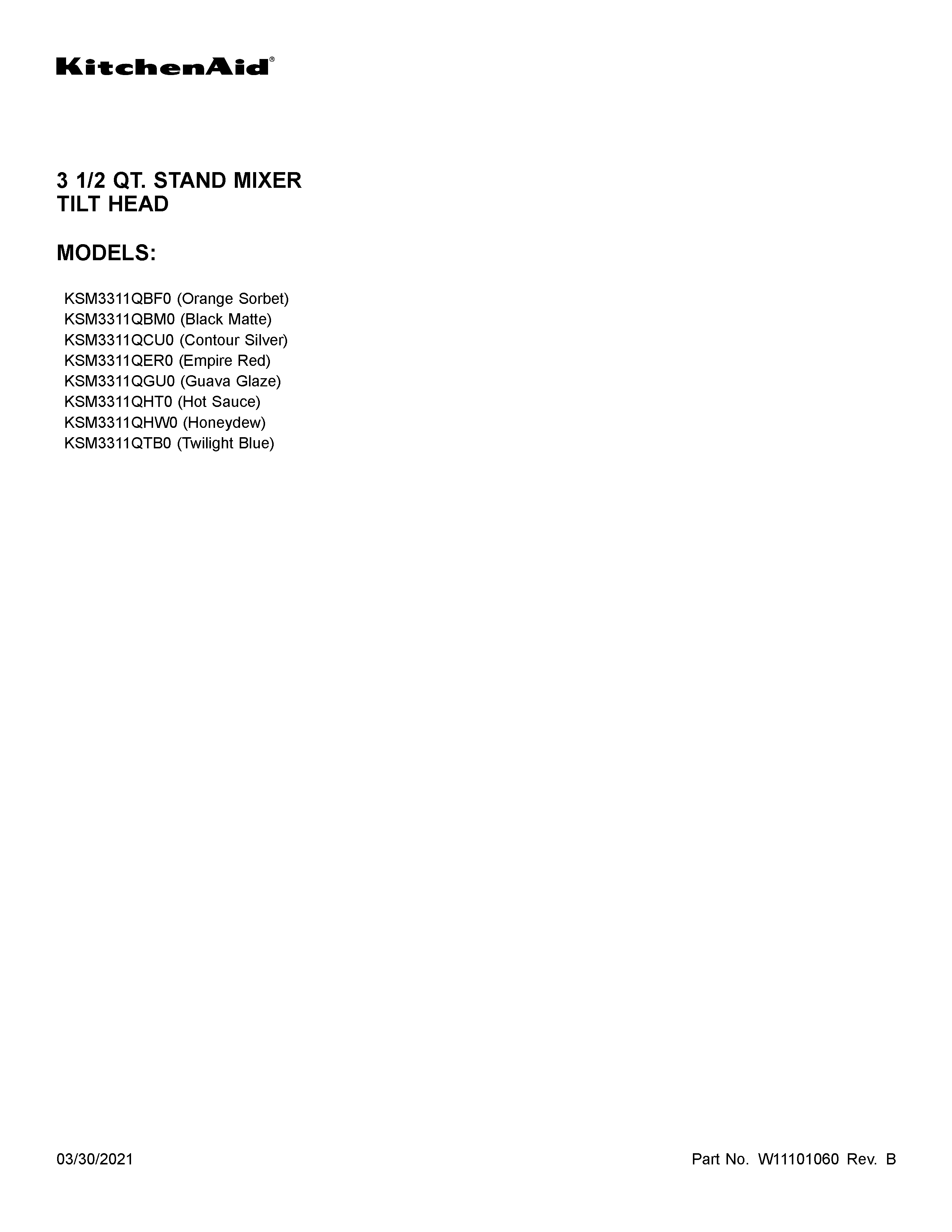 KitchenAid KSM3311QGU0 cover sheet diagram