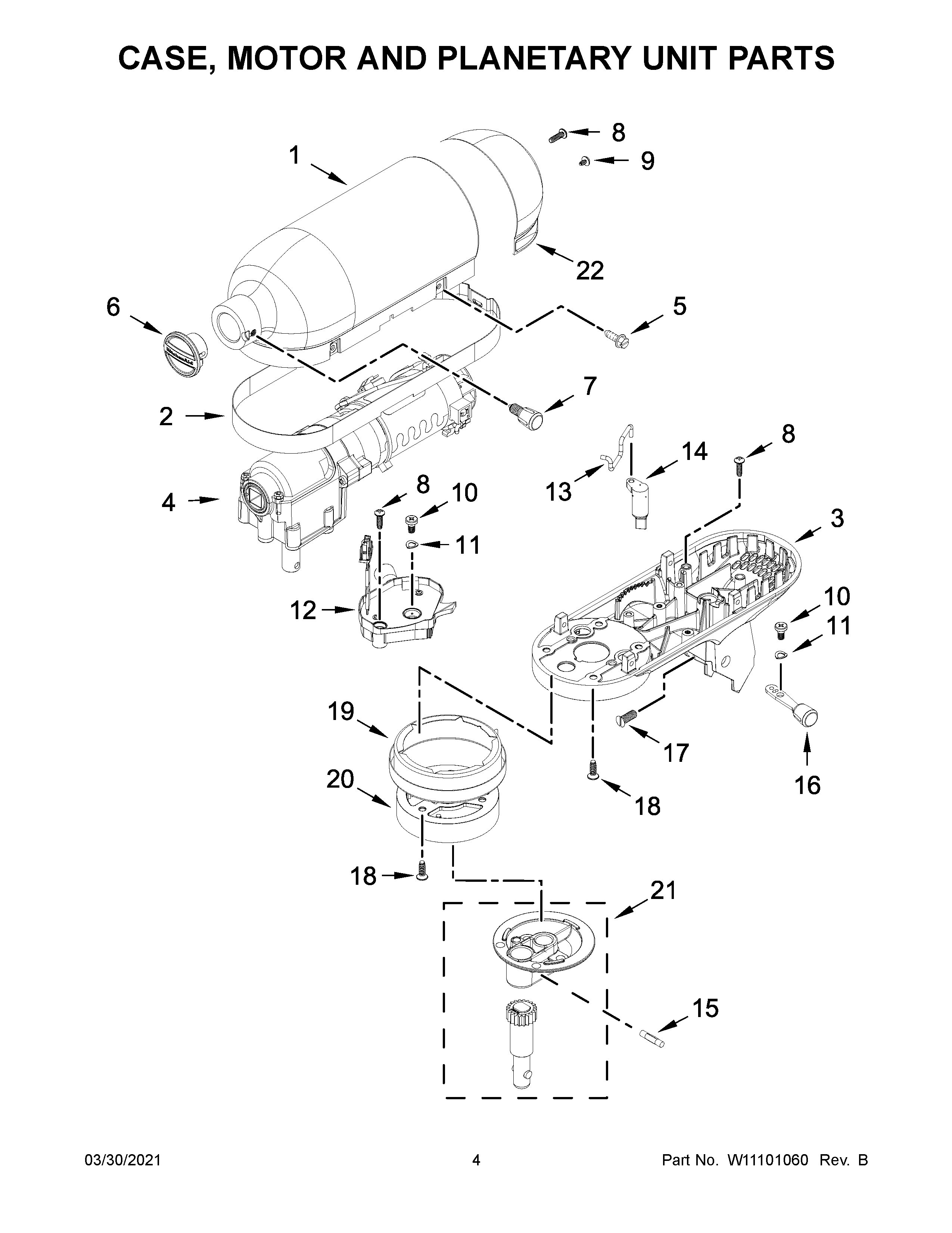 KitchenAid KSM3311QGU0 case, motor and planetary unit parts diagram