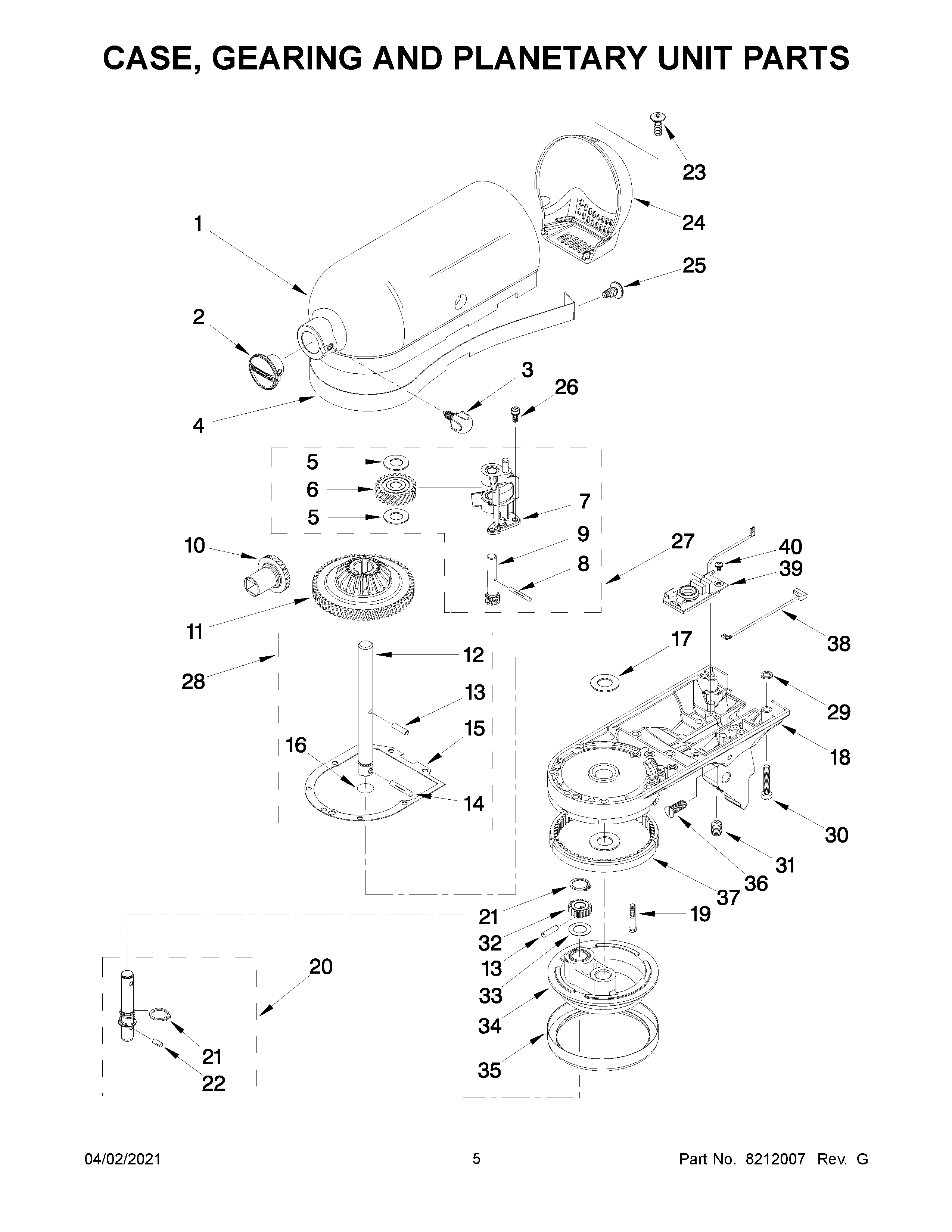 KitchenAid 5KSM150PSAPT0 case, gearing and planetary unit parts diagram