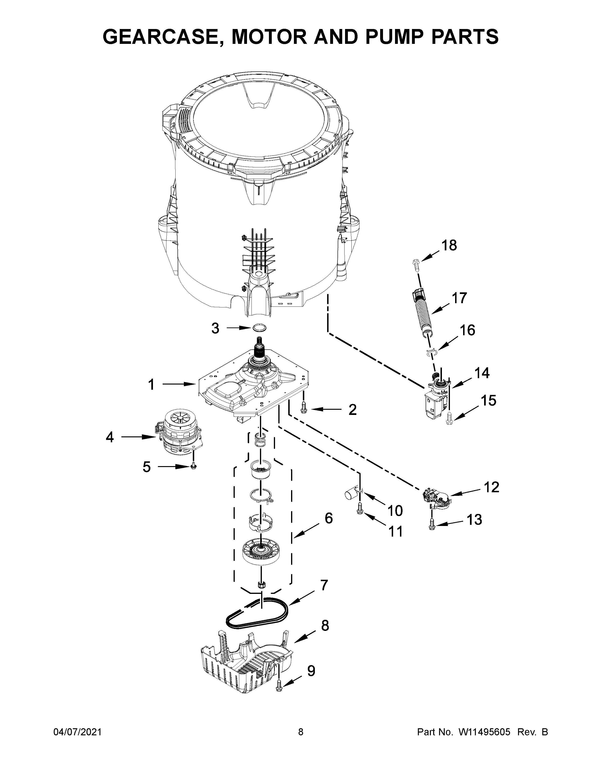 Whirlpool WTW5105HW1 gearcase, motor and pump parts diagram